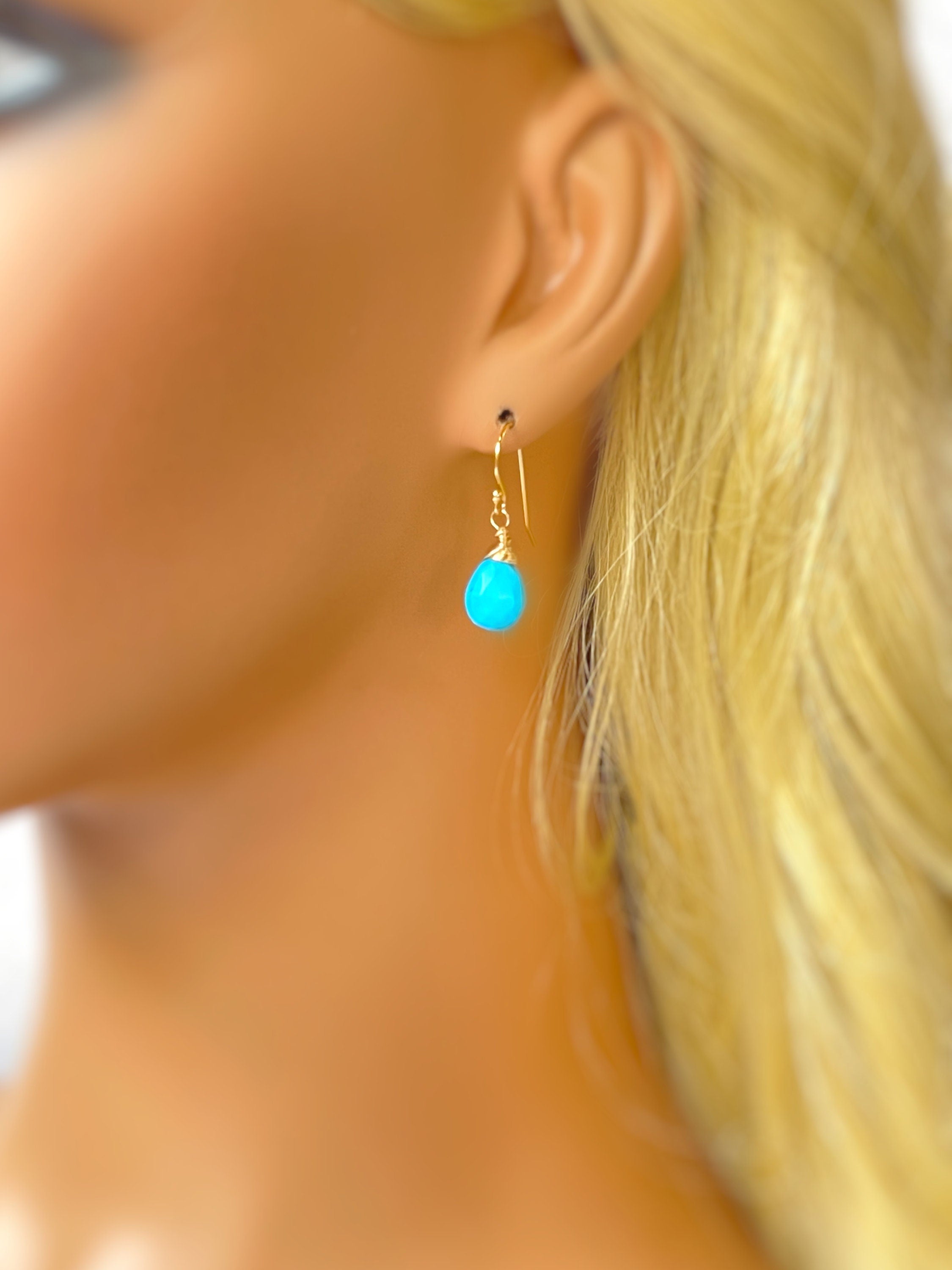 Dainty Turquoise Earrings 14k Gold, Sterling Silver, Rose Gold tear drop