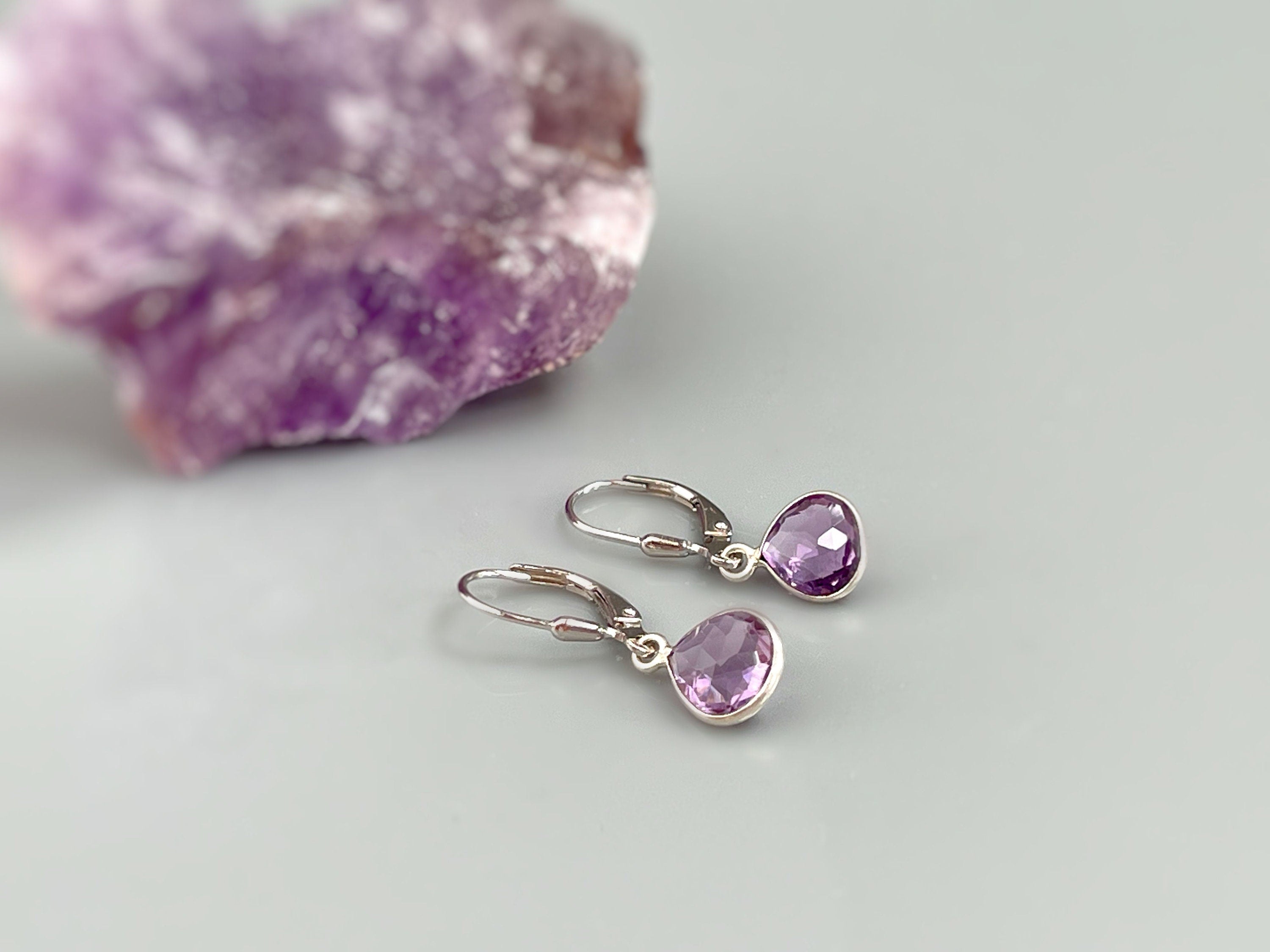 Pink Amethyst earrings bezel set silver