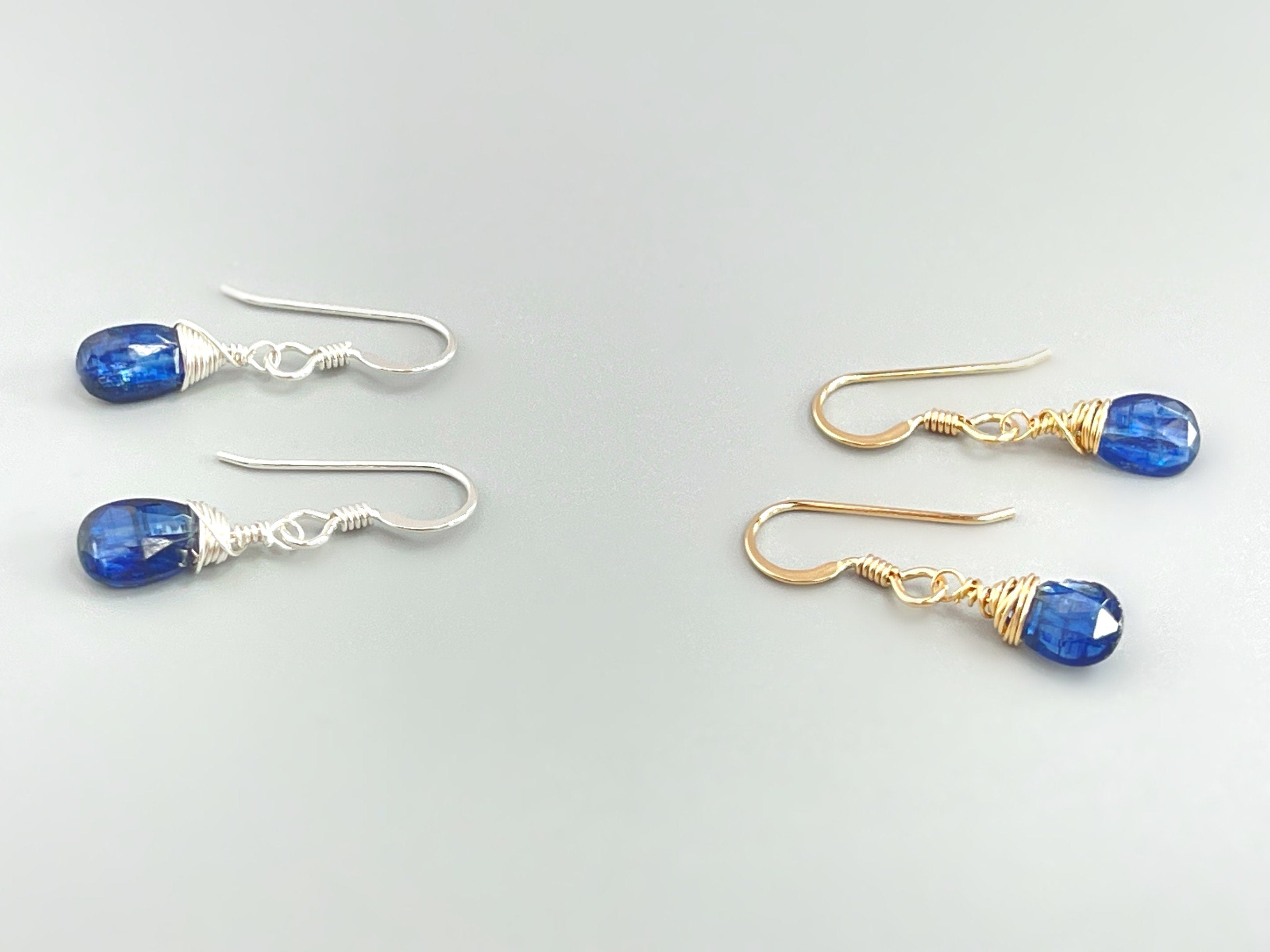 Dainty Blue Kyanite Gemstone earrings dangle drop teardrop Gold, Sterling Silver
