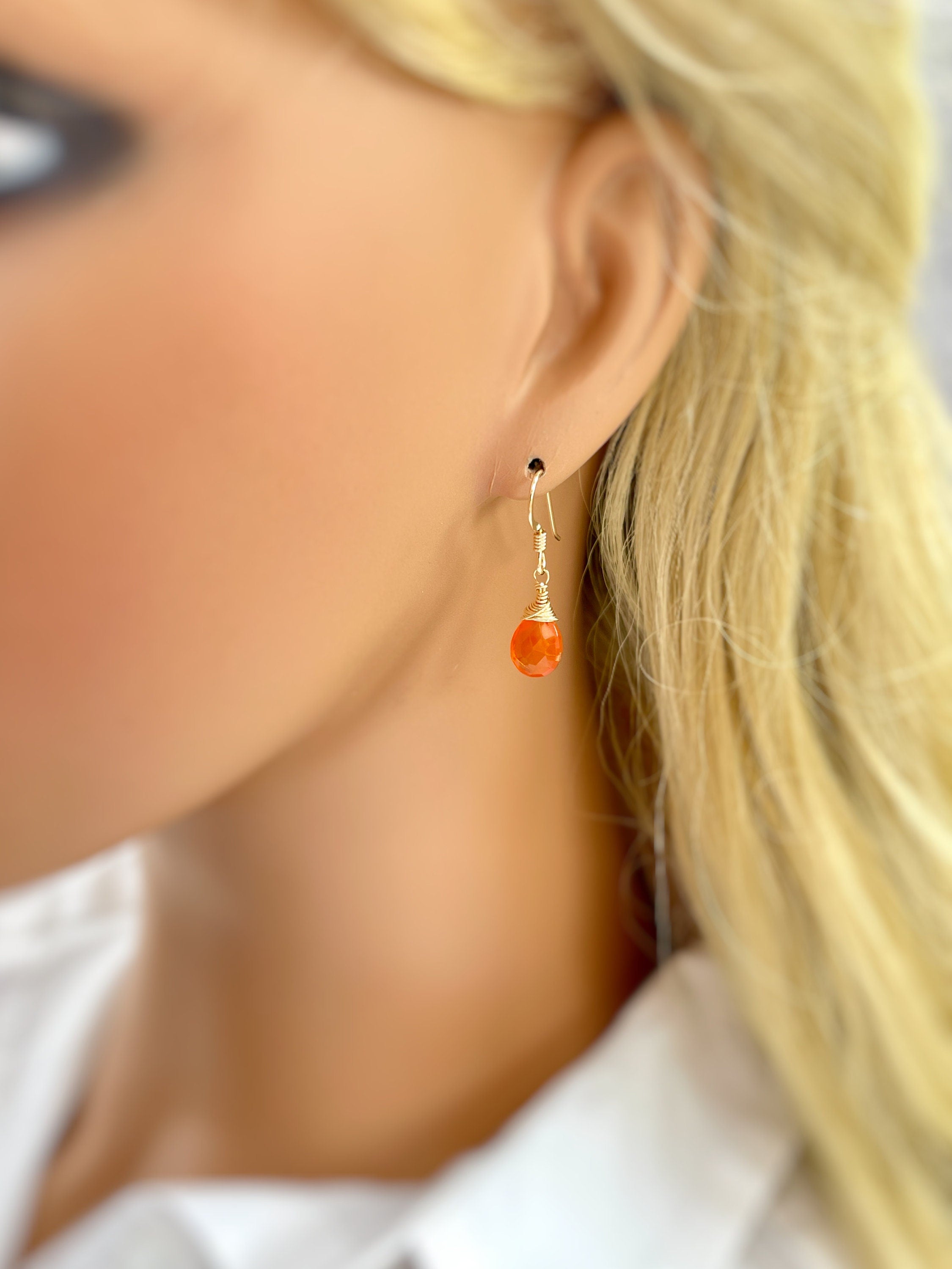 Carnelian Earrings Sterling Silver In Model Ear , 14k Gold Fill, Dangling Teardrop Orange Gemstone Earrings Handmade Carnelian Crystal Jewelry for women