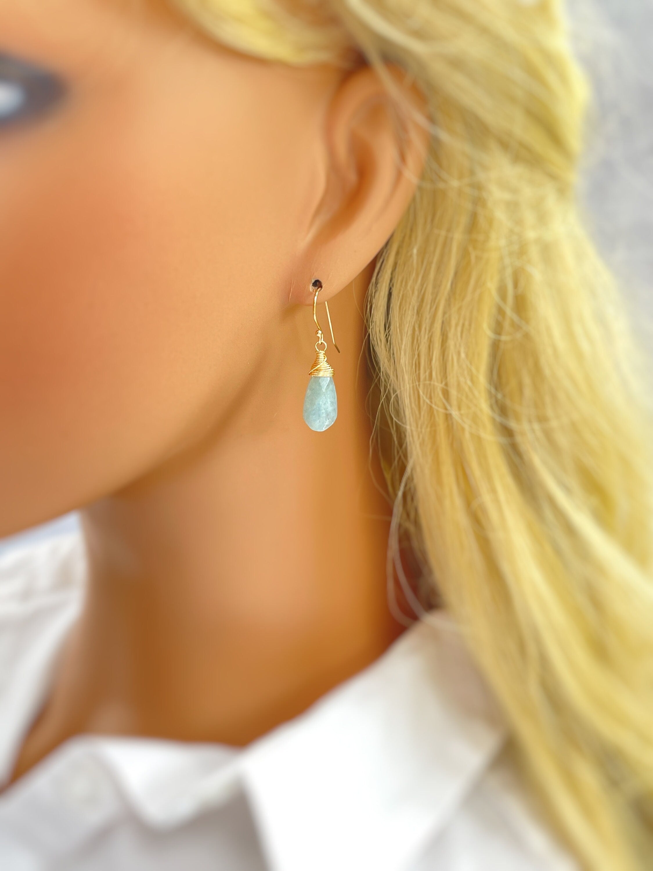Long Aquamarine Earrings Gold Leverback