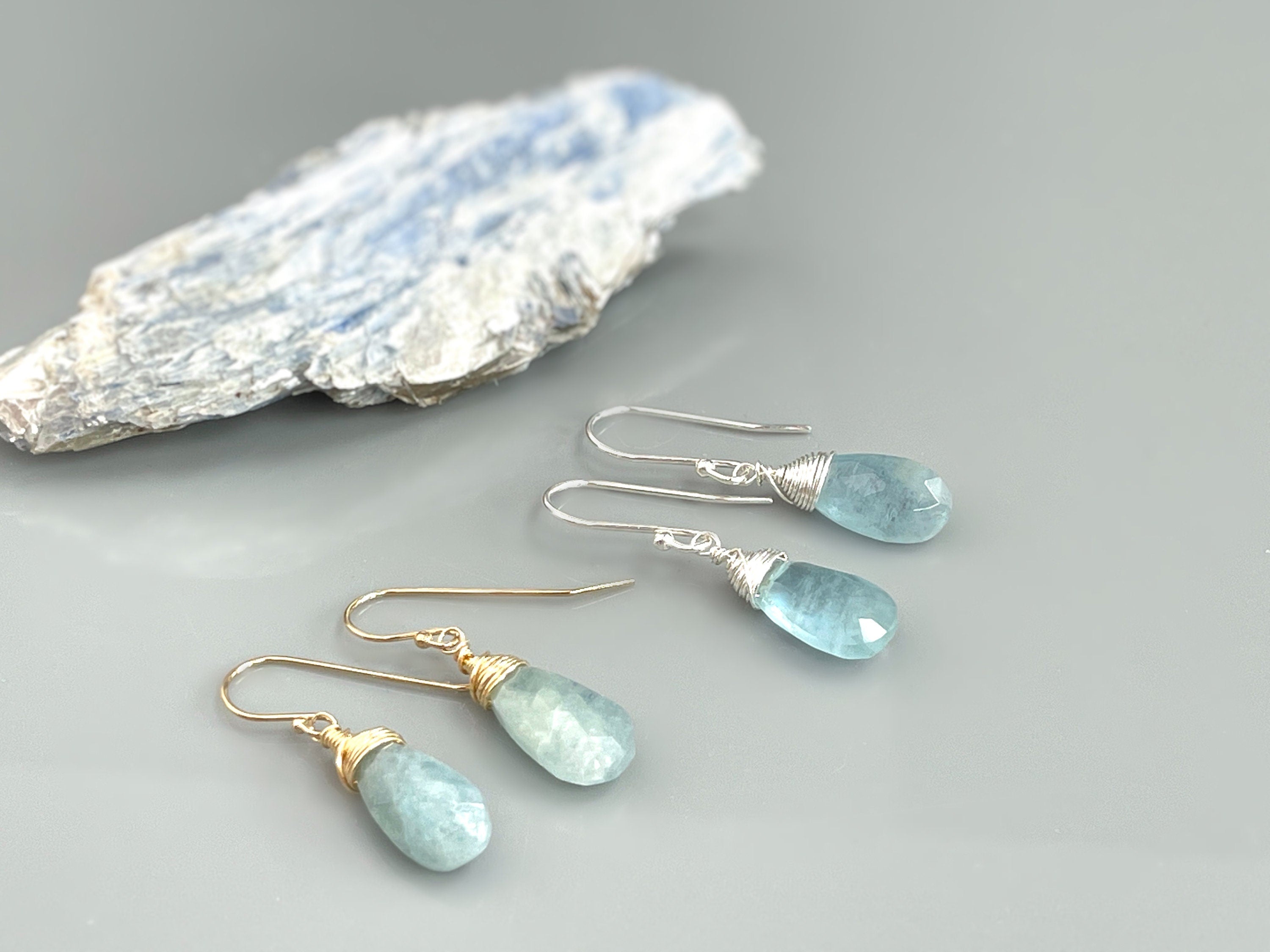 Long Aquamarine Earrings Gold Leverback