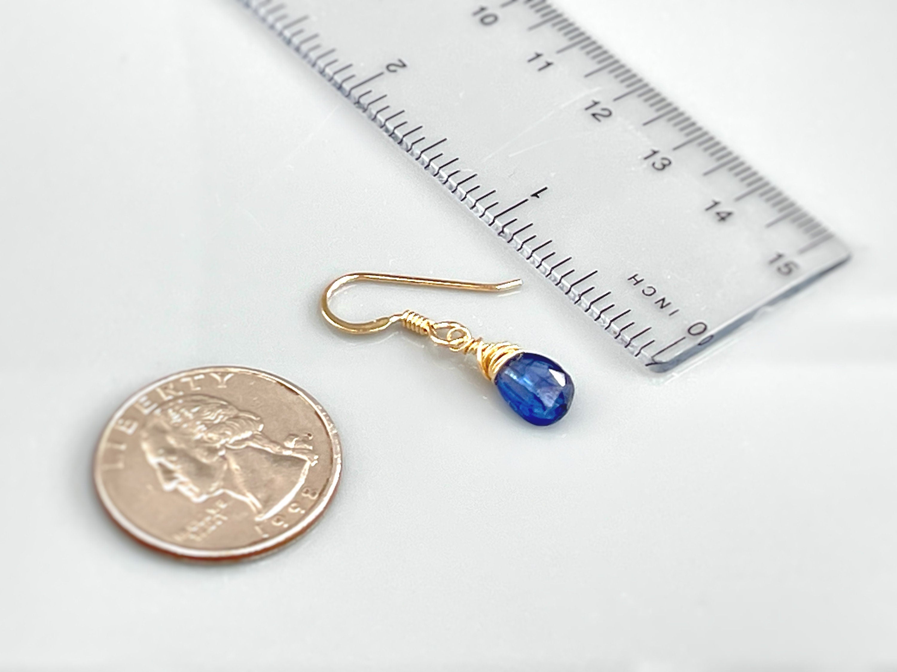 Dainty Blue Kyanite Gemstone earrings dangle drop teardrop Gold, Sterling Silver