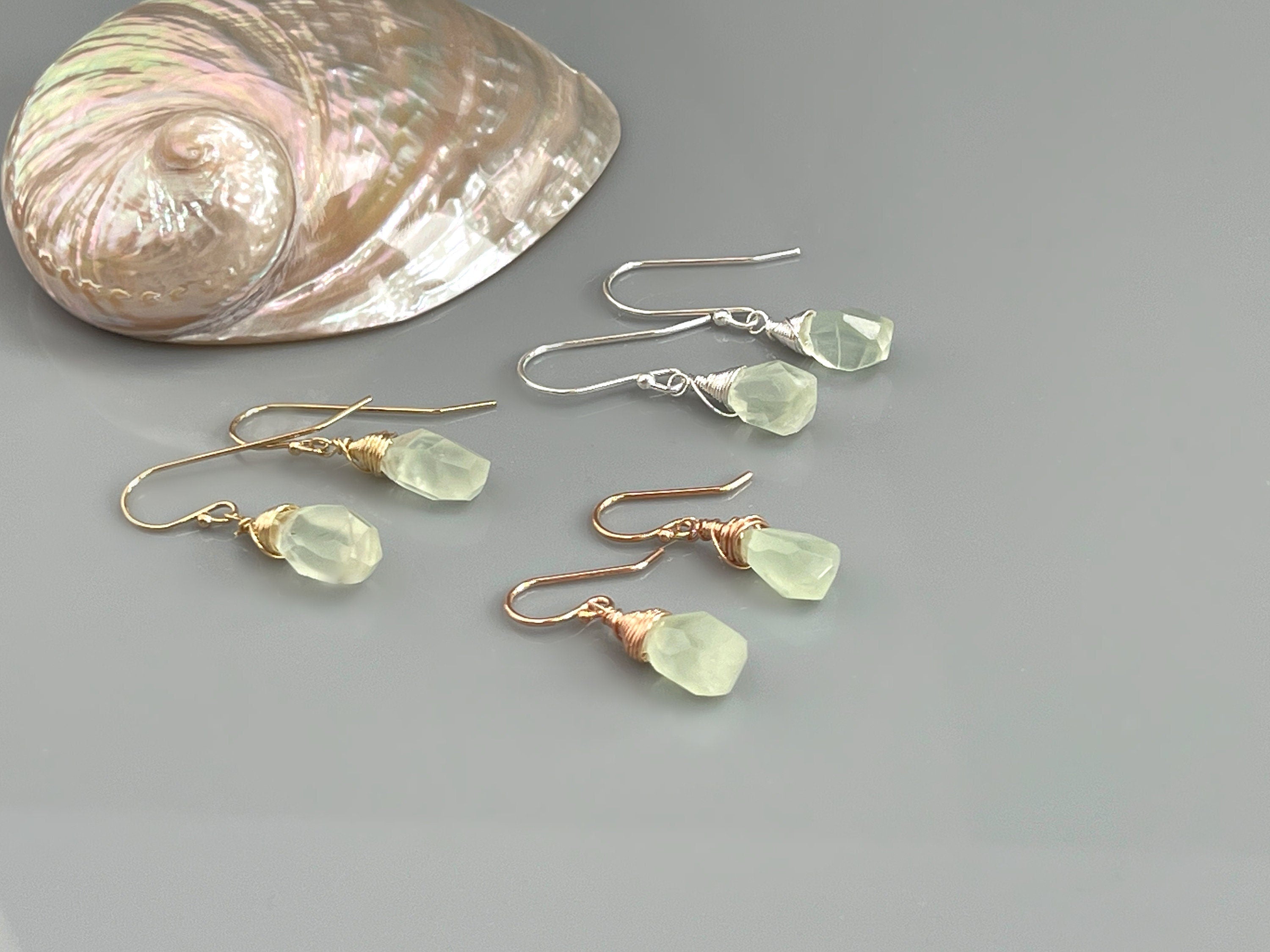 Prehnite Earrings Sterling Silver, Gold Fill, Rose Gold Dangling Raw Gemstone Earrings Mint Sage Green Handmade Boho Jewelry