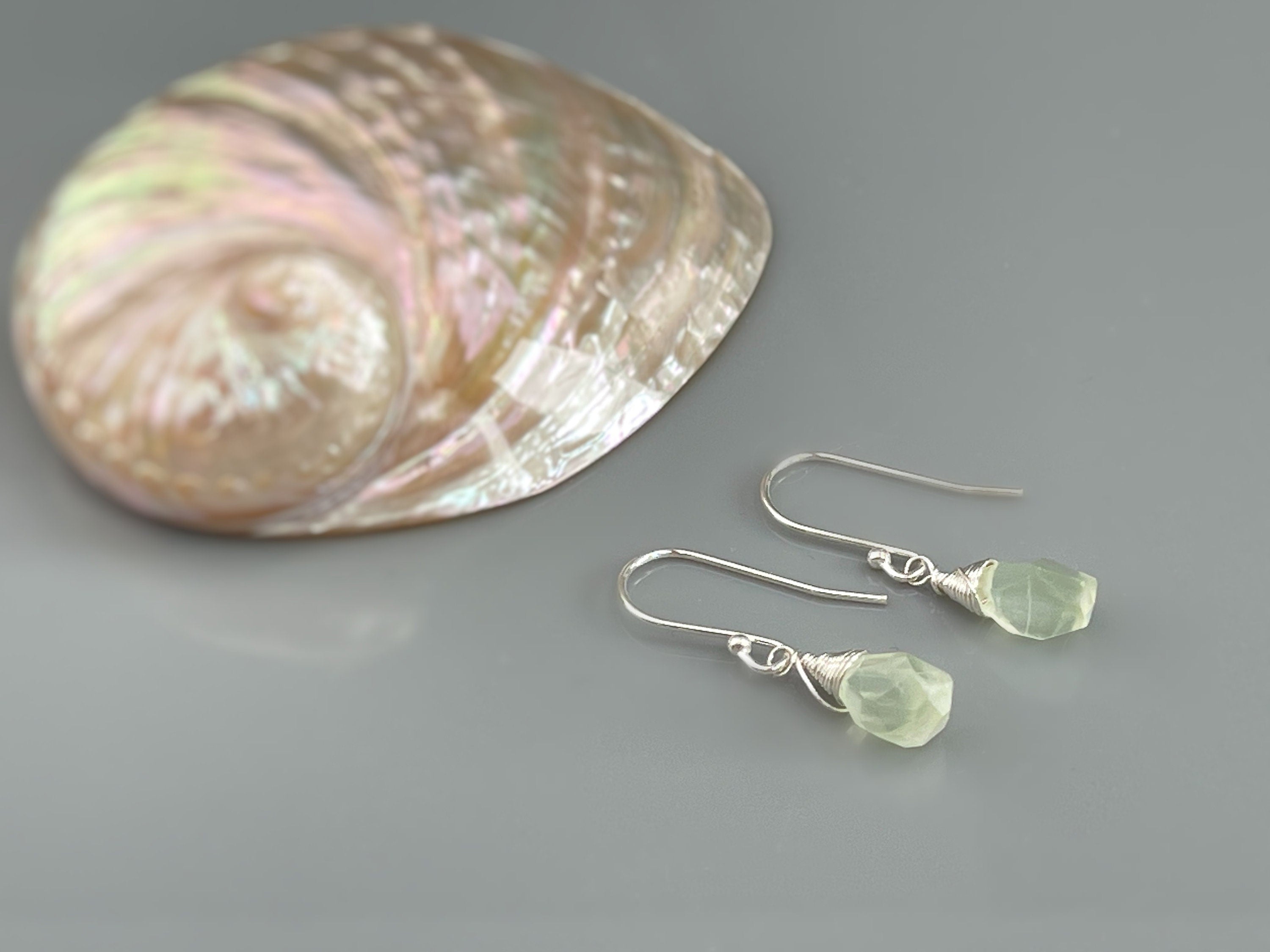 Prehnite Earrings Sterling Silver, Gold Fill, Rose Gold Dangling Raw Gemstone Earrings Mint Sage Green Handmade Boho Jewelry