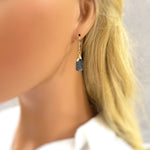 Kyanite Earrings Dangle drop 14k Gold fill in model's ear for scale