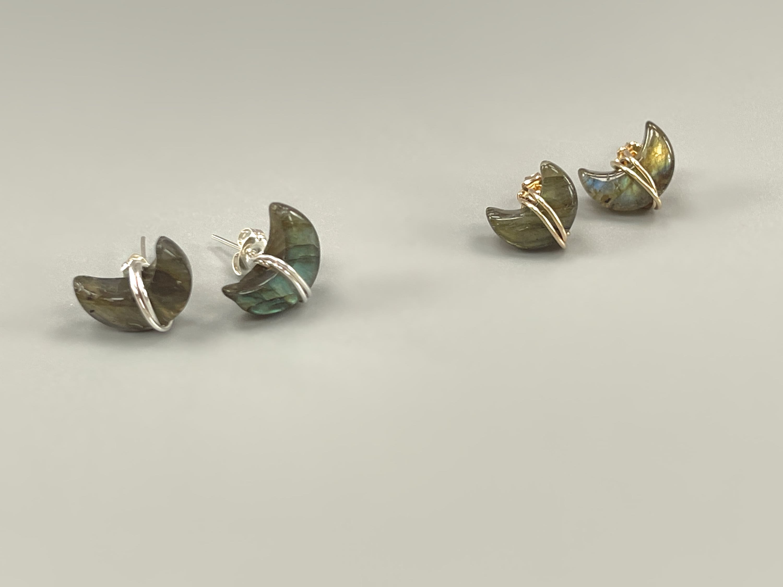 Crescent Moon Labradorite Stud Earrings in Sterling Silver, 14k Gold Fill, or rose gold fill