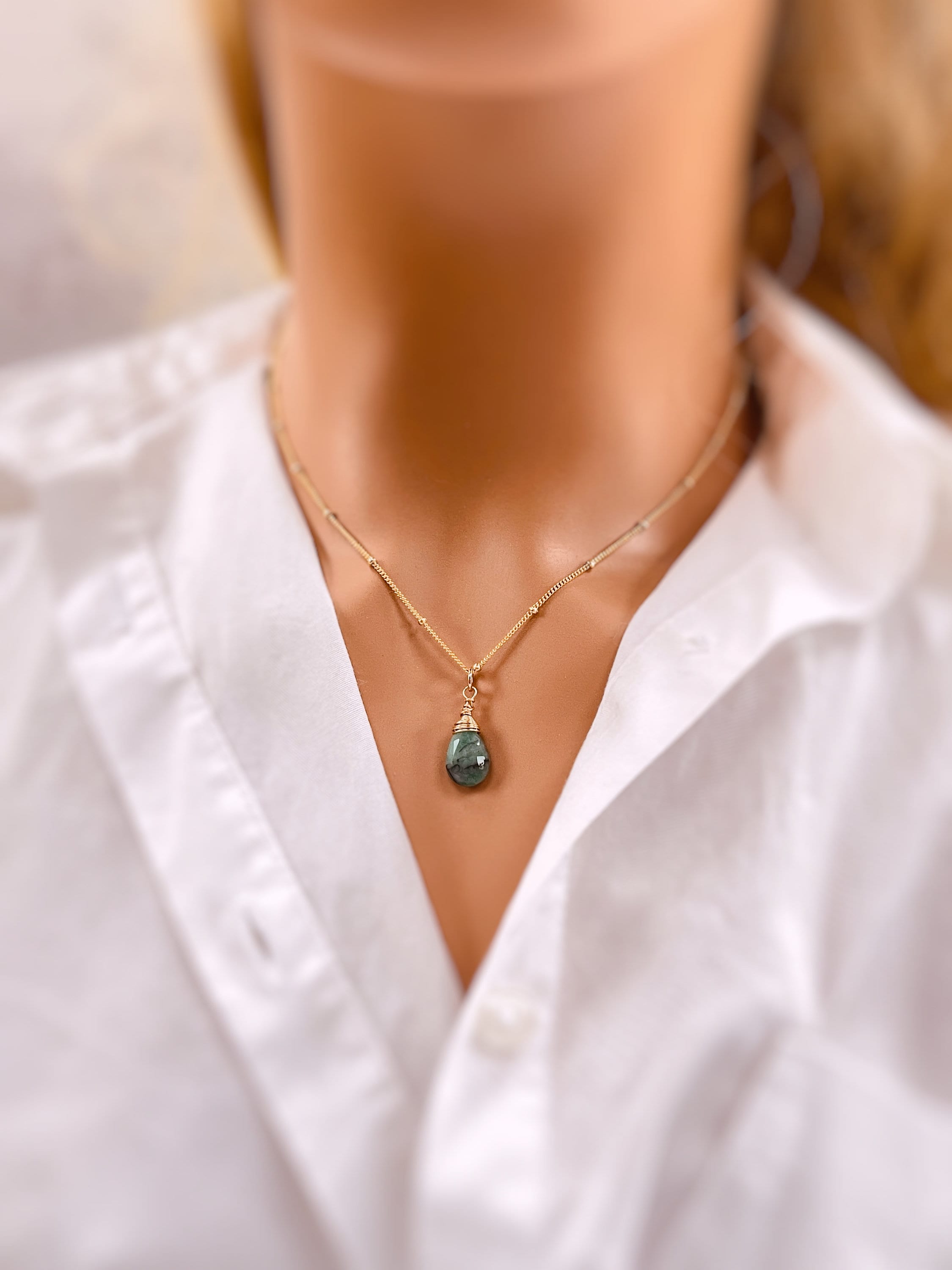 Dainty Emerald Pendant Necklace 14k gold Rose Gold, Sterling Silver May Birthstone layering choker Handmade Jewelry gift for wife, mom bff