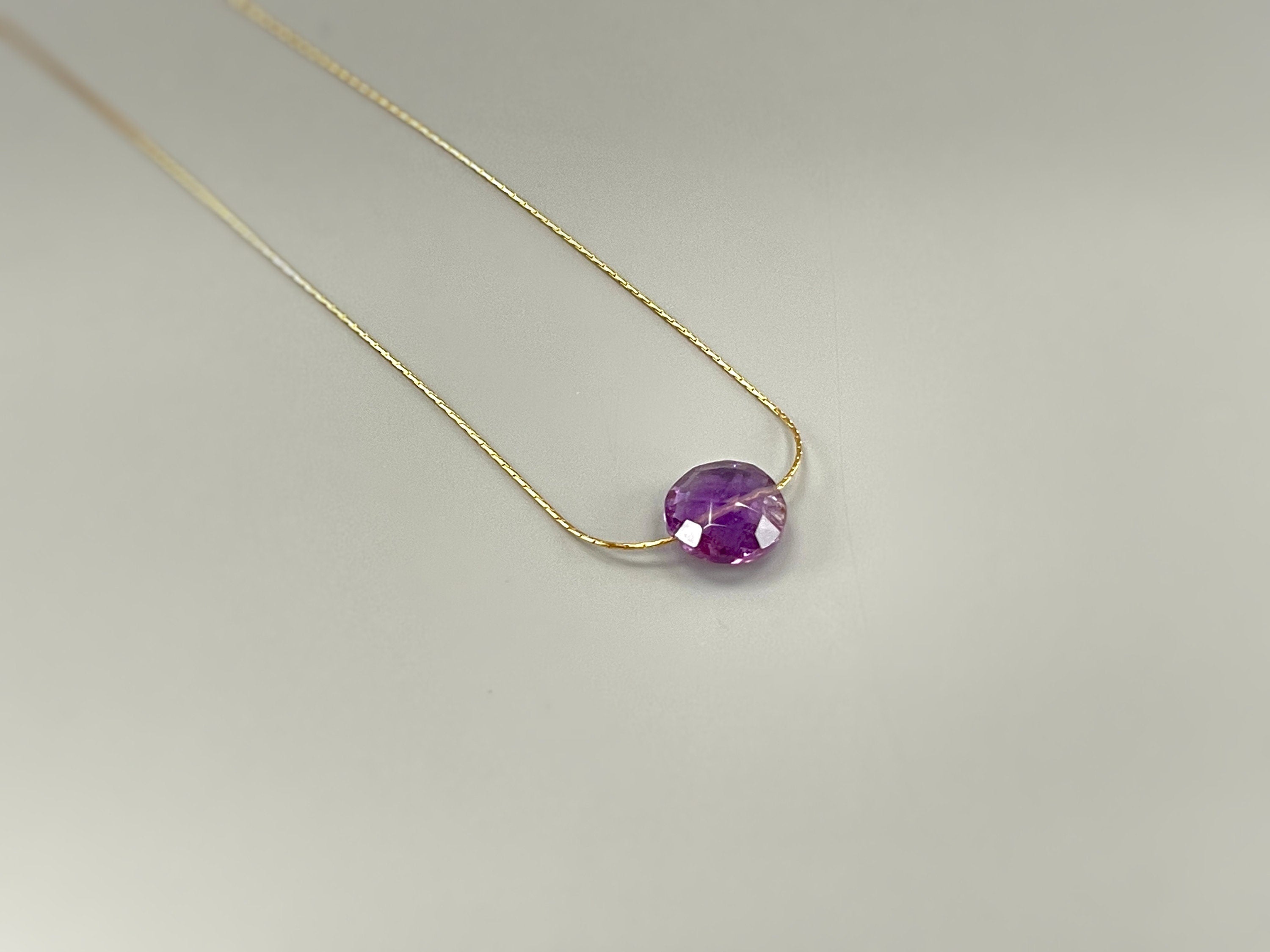 Amethyst Necklace Gold Handmade Dainty Gemstone Pendant Purple Amethyst Jewelry Minimalist round Crystal floating necklace for woman