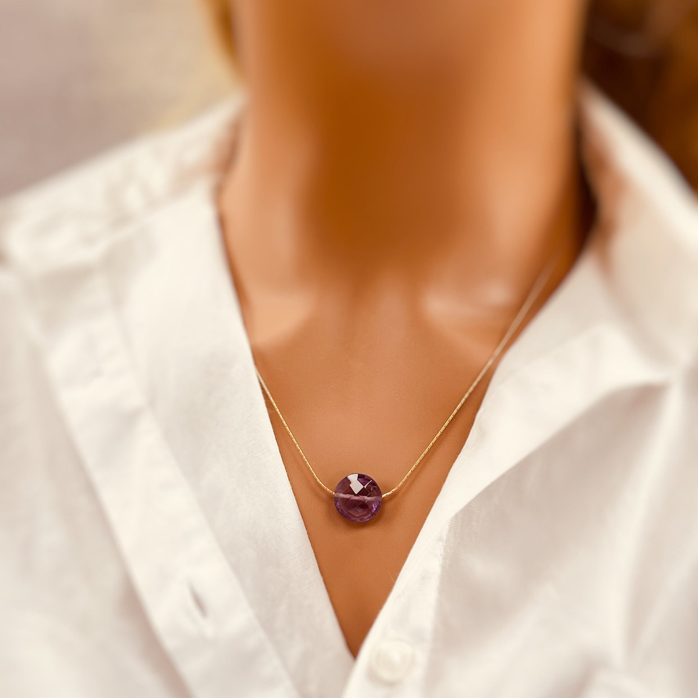 Amethyst Necklace Gold Handmade Dainty Gemstone Pendant Purple Amethyst Jewelry Minimalist round Crystal floating necklace for woman