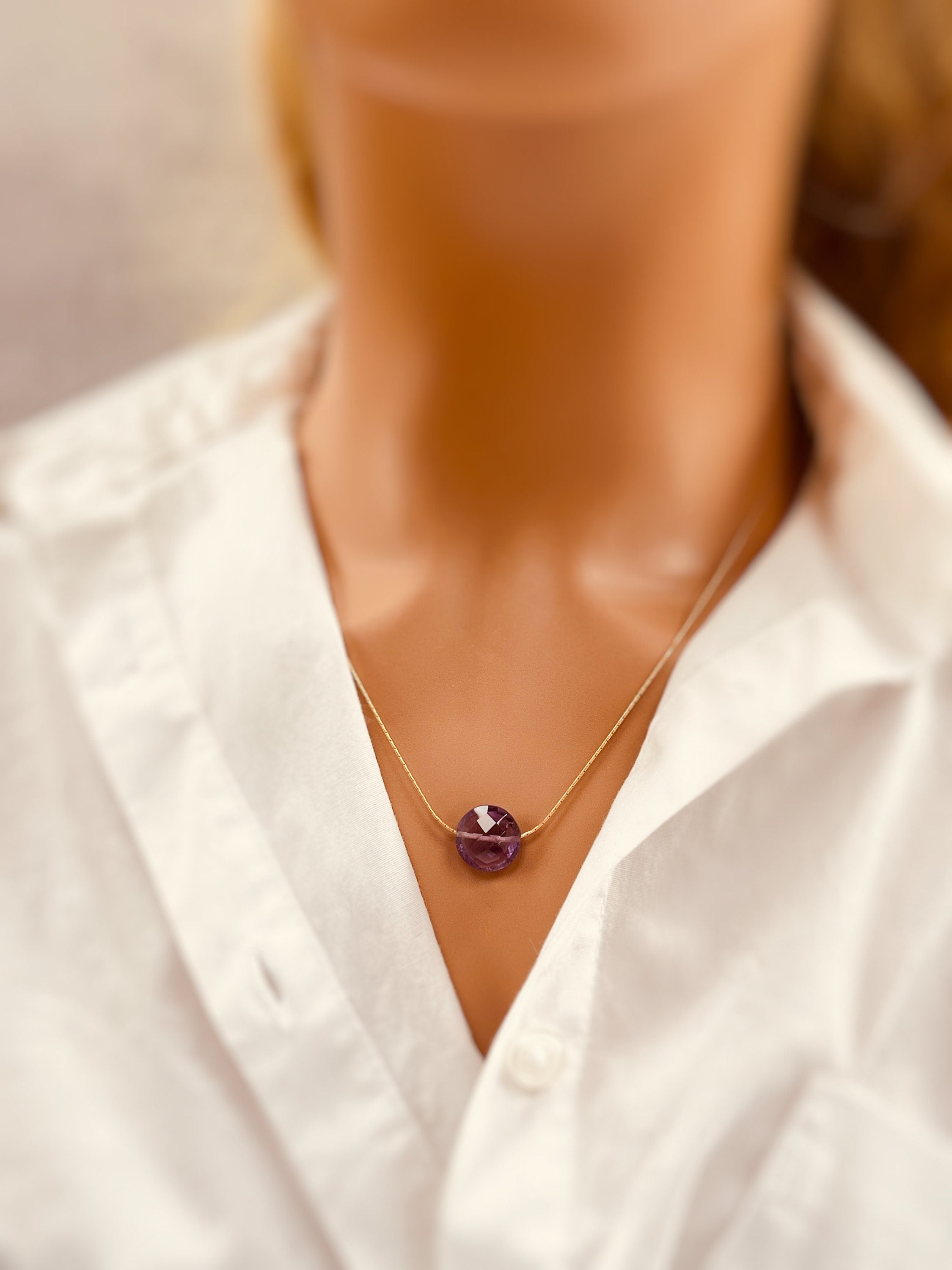 Amethyst Necklace Gold Handmade Dainty Gemstone Pendant Purple Amethyst Jewelry Minimalist round Crystal floating necklace for woman