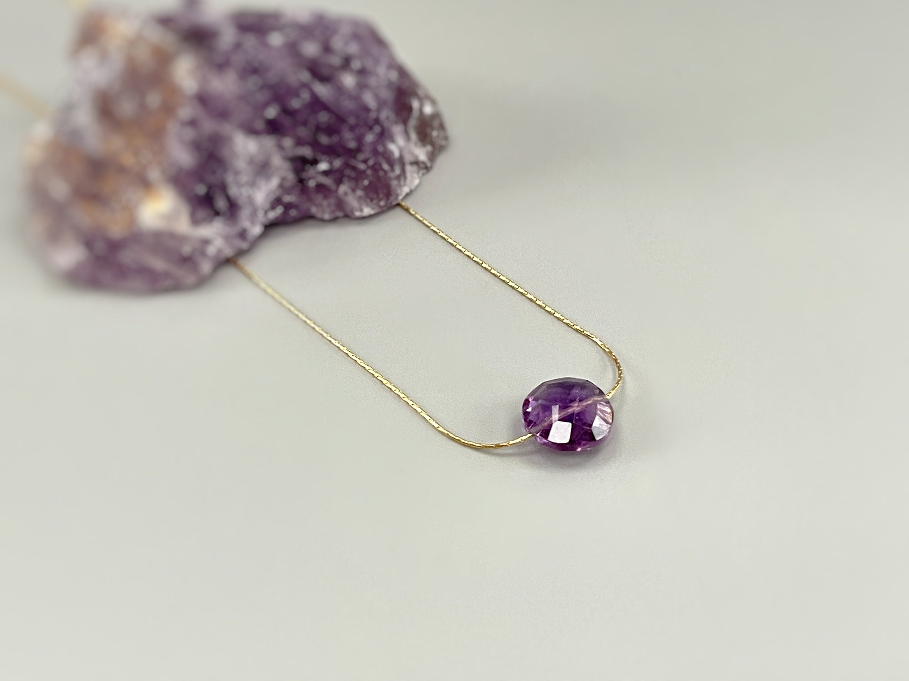 Amethyst Necklace Gold Handmade Dainty Gemstone Pendant Purple Amethyst Jewelry Minimalist round Crystal floating necklace for woman