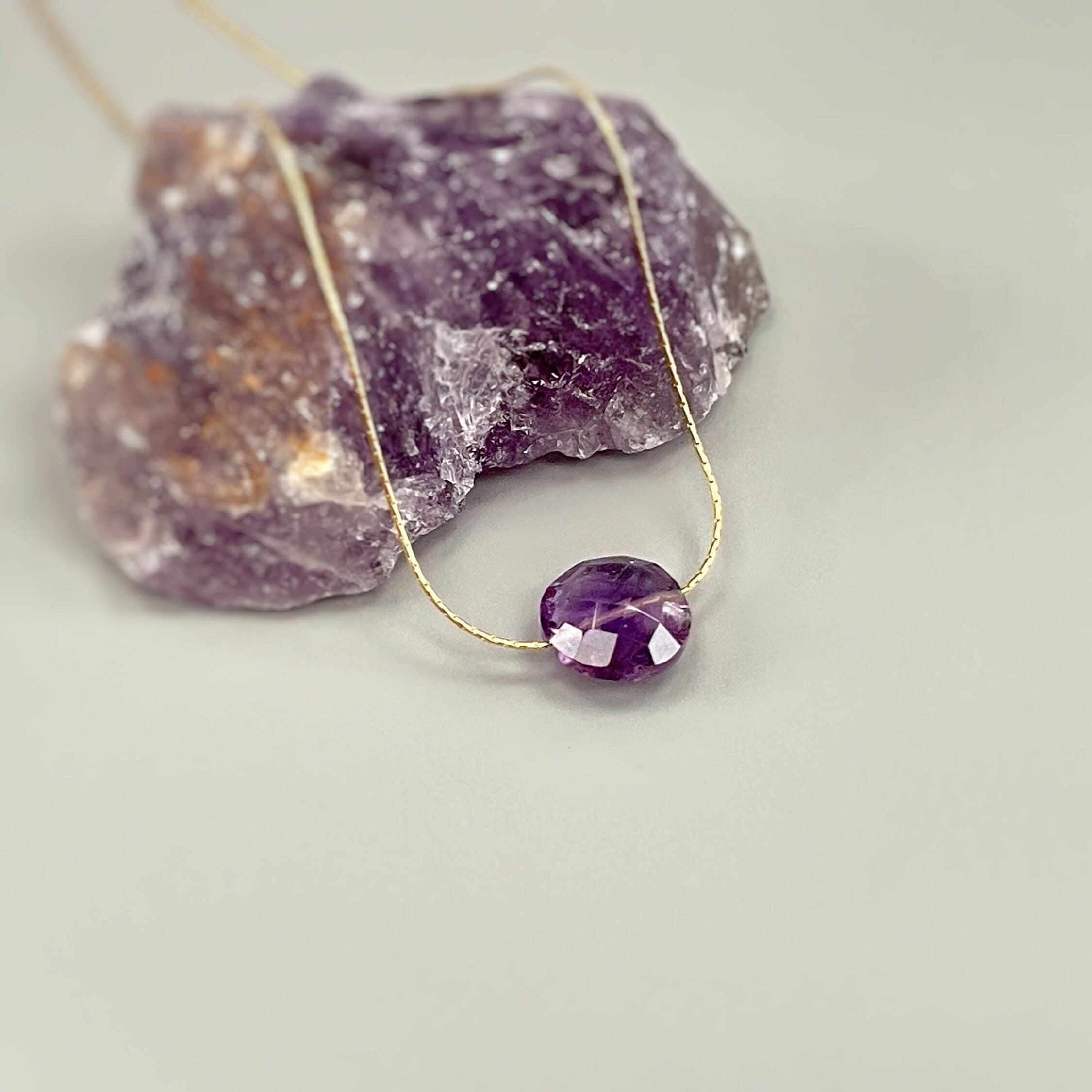 Amethyst Necklace Gold Handmade Dainty Gemstone Pendant Purple Amethyst Jewelry Minimalist round Crystal floating necklace for woman