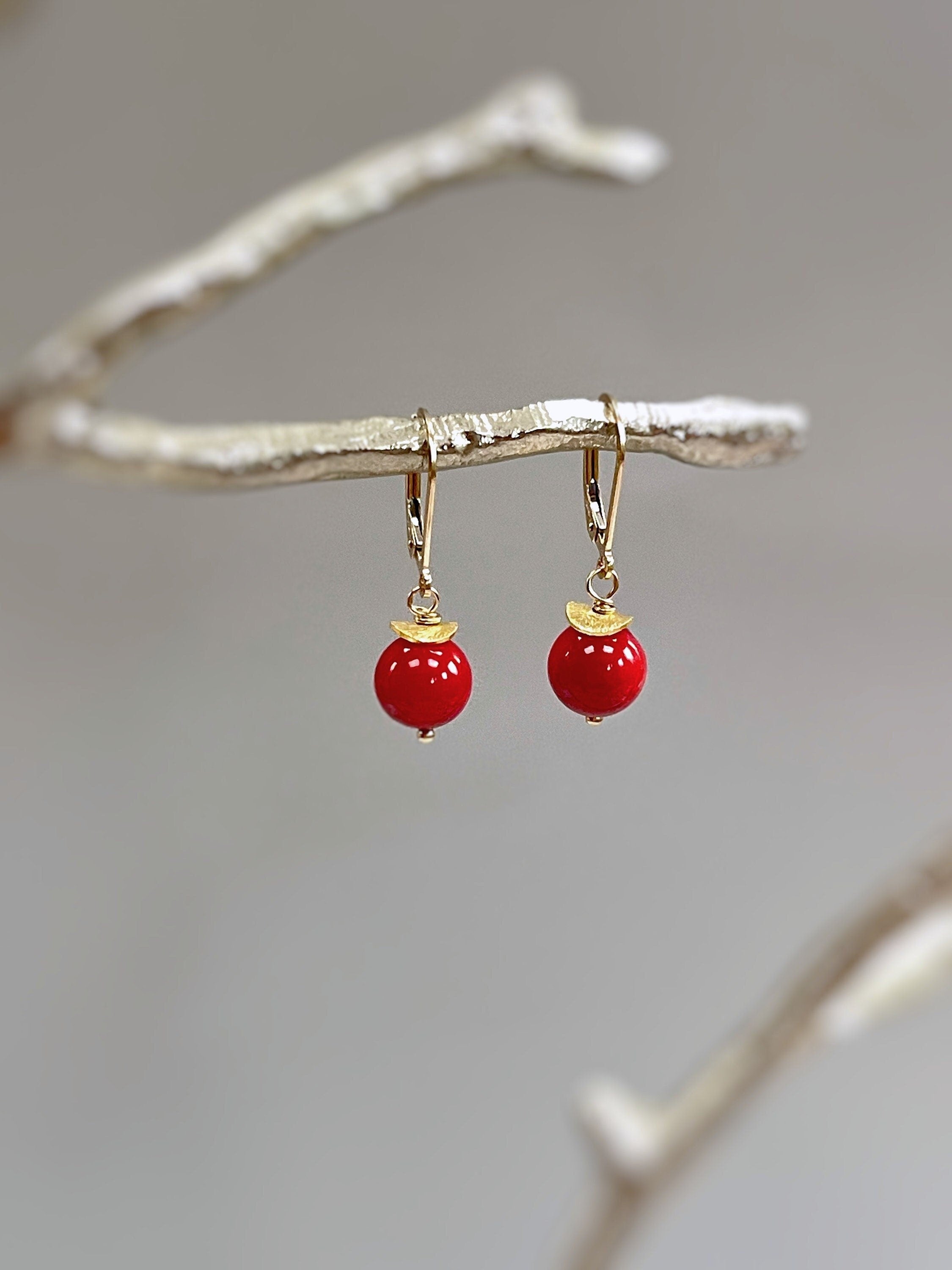 Red Coral Earrings dangle 14k Gold Fill, Sterling Silver winter berry jewelry lever back Dainty Drop handmade modern dangly artisan earrings