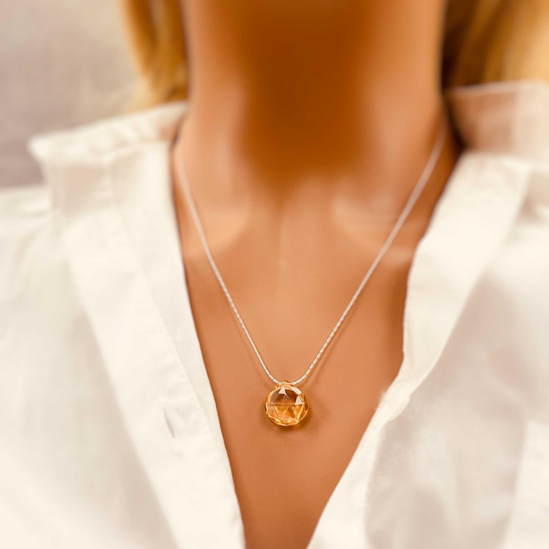 Citrine Necklace Sterling Silver, 14k gold fill Pendant Citrine Choker Handmade Gemstone Jewelry Dainty Minimalist Solitaire necklace