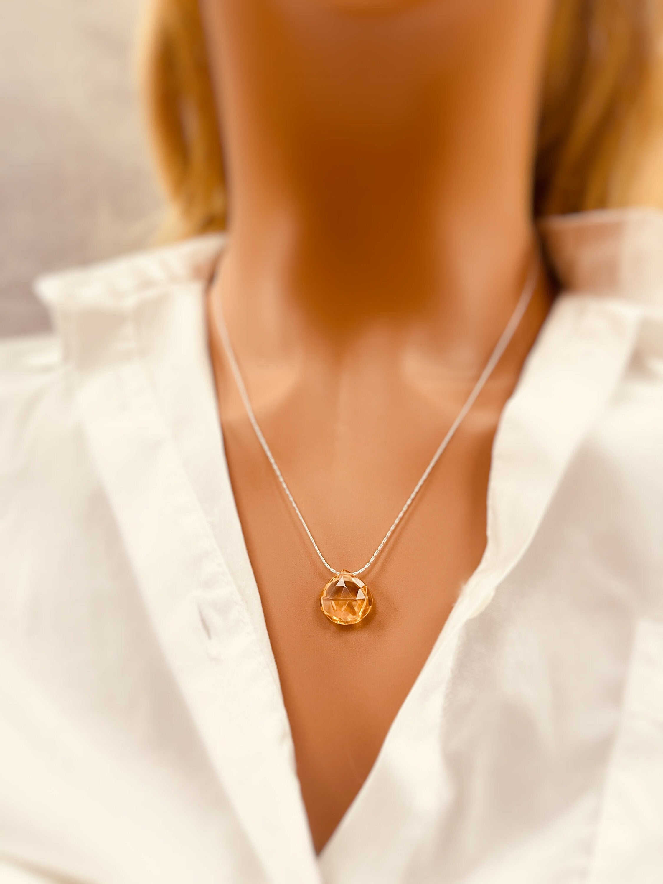 Citrine Necklace Sterling Silver, 14k gold fill Pendant Citrine Choker Handmade Gemstone Jewelry Dainty Minimalist Solitaire necklace