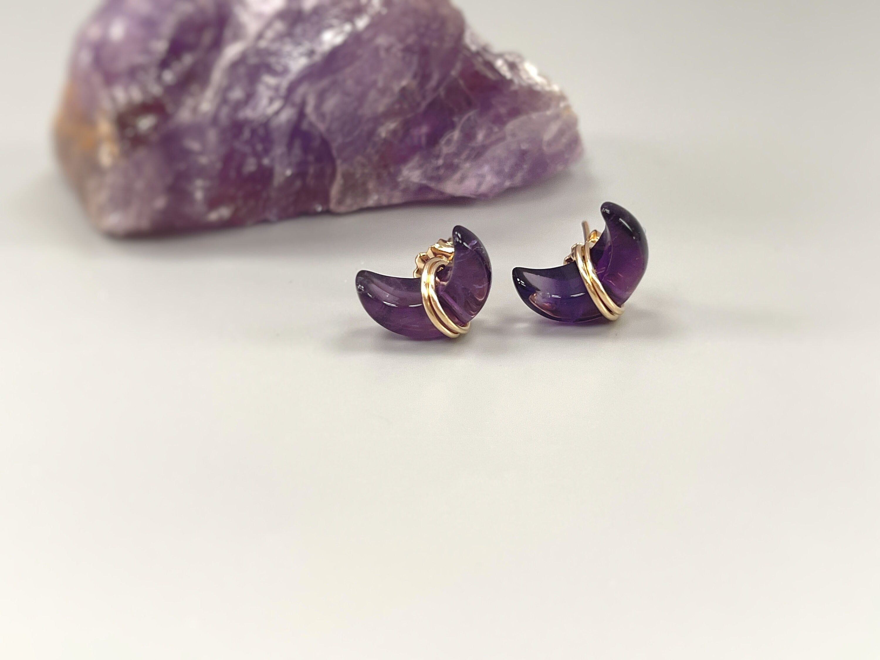 Crescent Moon Amethyst Stud Earrings in 14k Gold Fill
