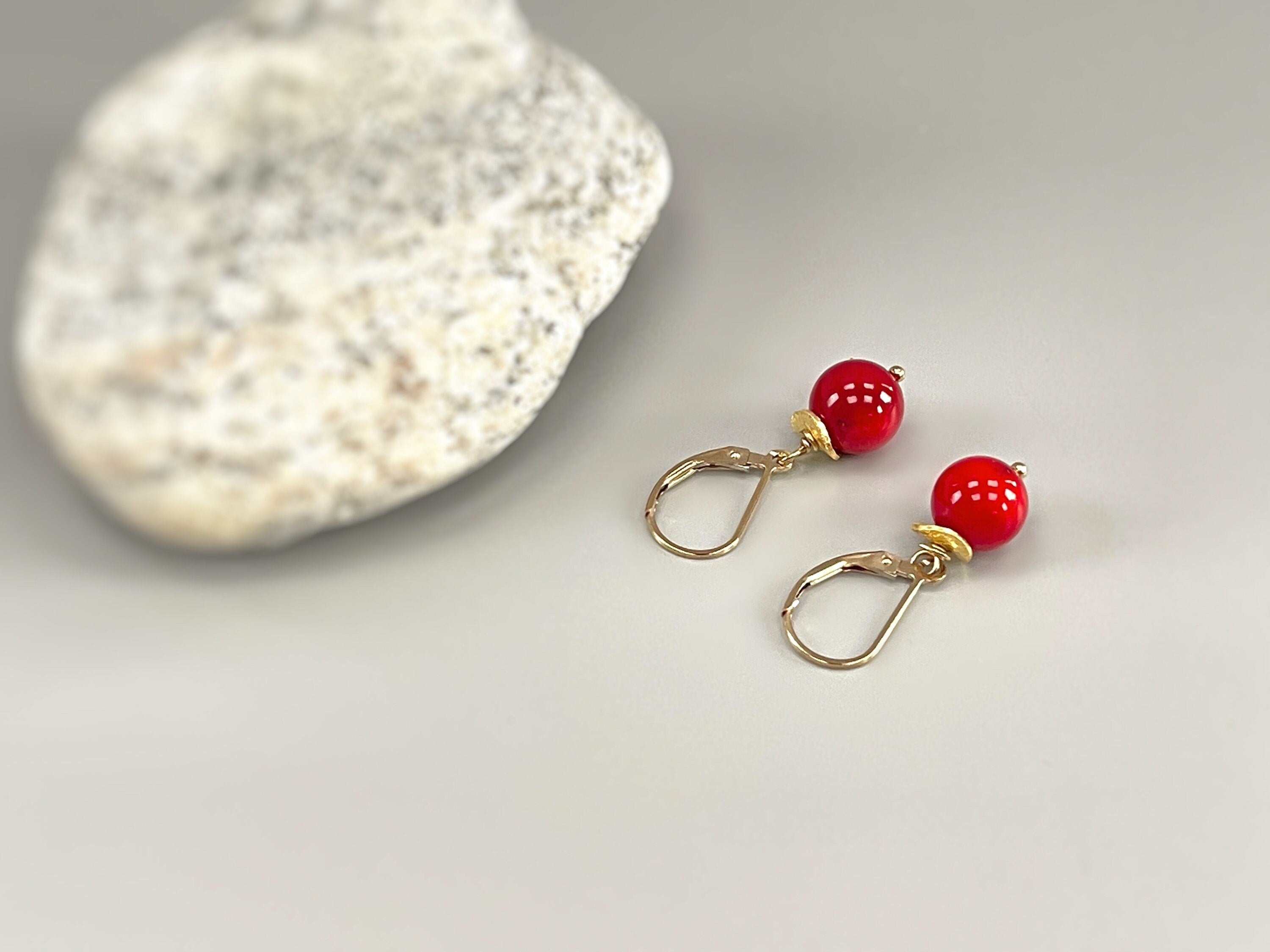 Red Coral Earrings dangle 14k Gold Fill, Sterling Silver winter berry jewelry lever back Dainty Drop handmade modern dangly artisan earrings