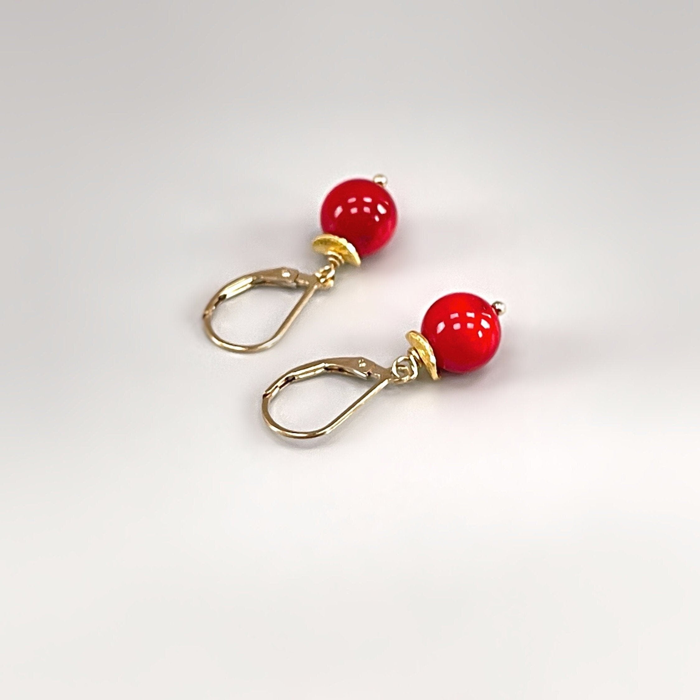 Red Coral Earrings dangle 14k Gold Fill, Sterling Silver winter berry jewelry lever back Dainty Drop handmade modern dangly artisan earrings