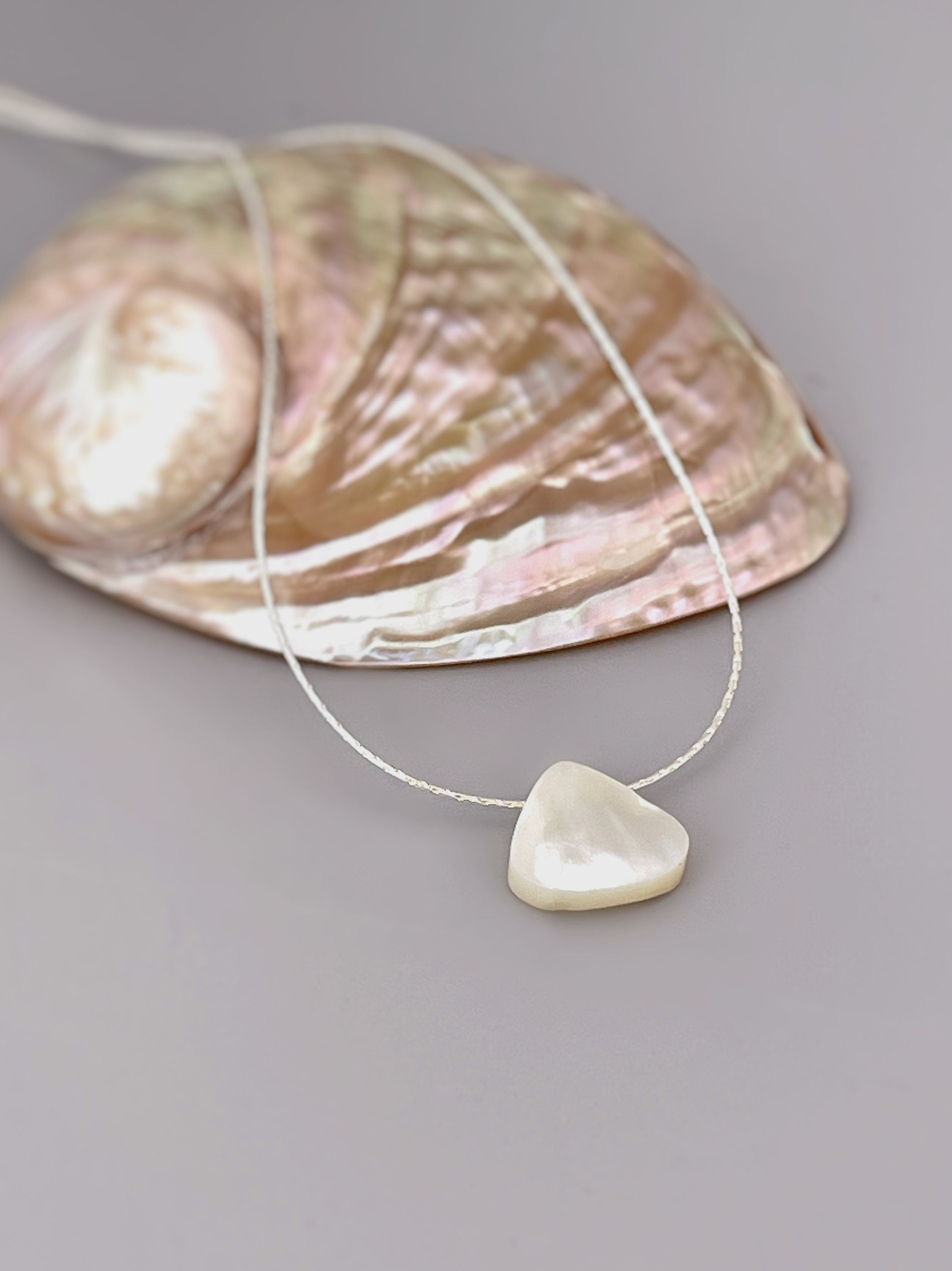 Mother of Pearl Necklace, Beachy Jewelry 14k Gold, Silver Handmade Summer jewelry iridescent shell pendant, bridal jewelry for beach wedding