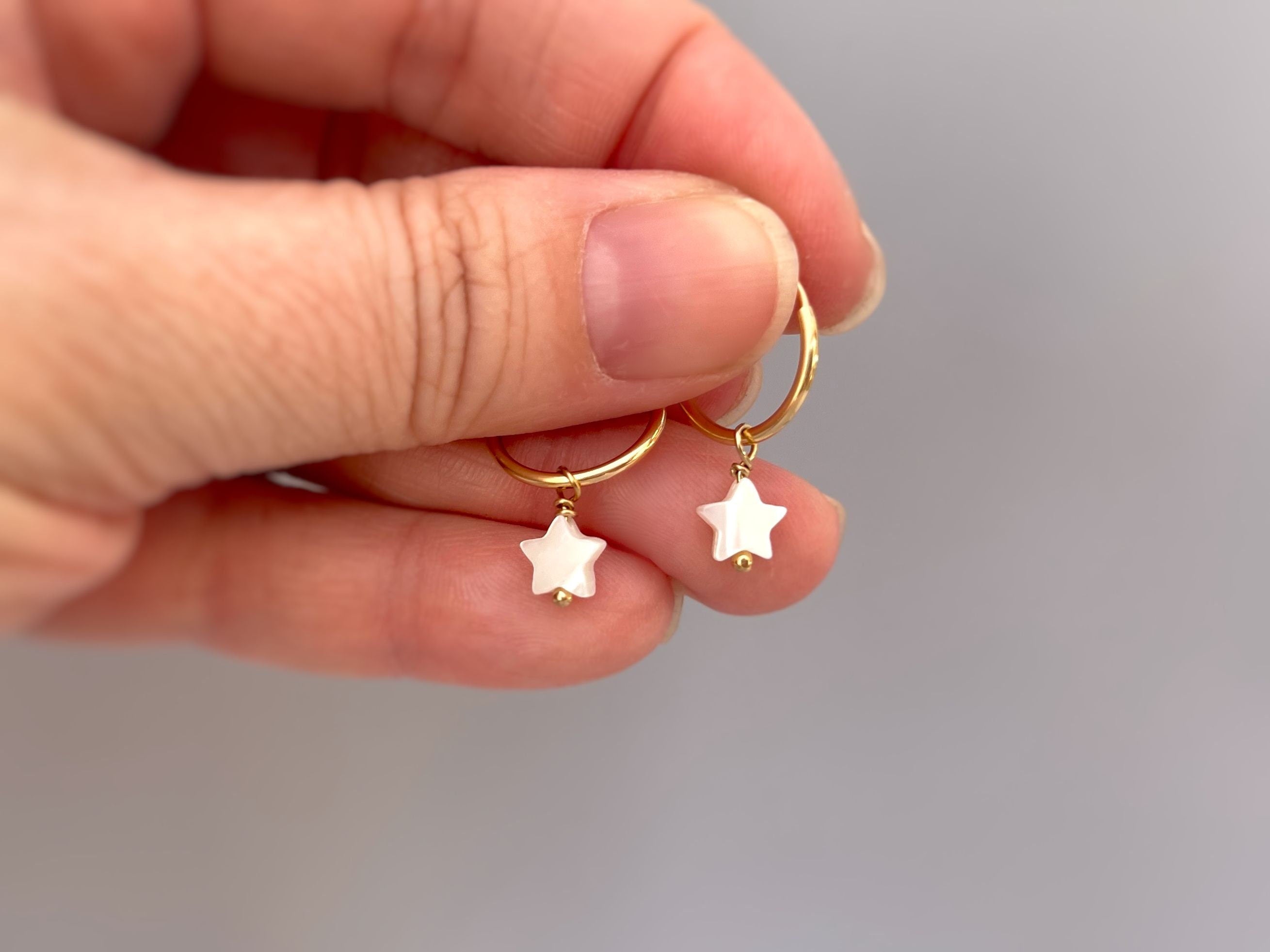 Huggie Hoop Earrings Star Mother of Pearl small hoops 14k Gold, Sterling Silver hoops handmade pearl shell Dangle drop Summer beachy jewelry