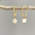 Huggie Hoop Earrings Star Mother of Pearl small hoops 14k Gold, Sterling Silver hoops handmade pearl shell Dangle drop Summer beachy jewelry