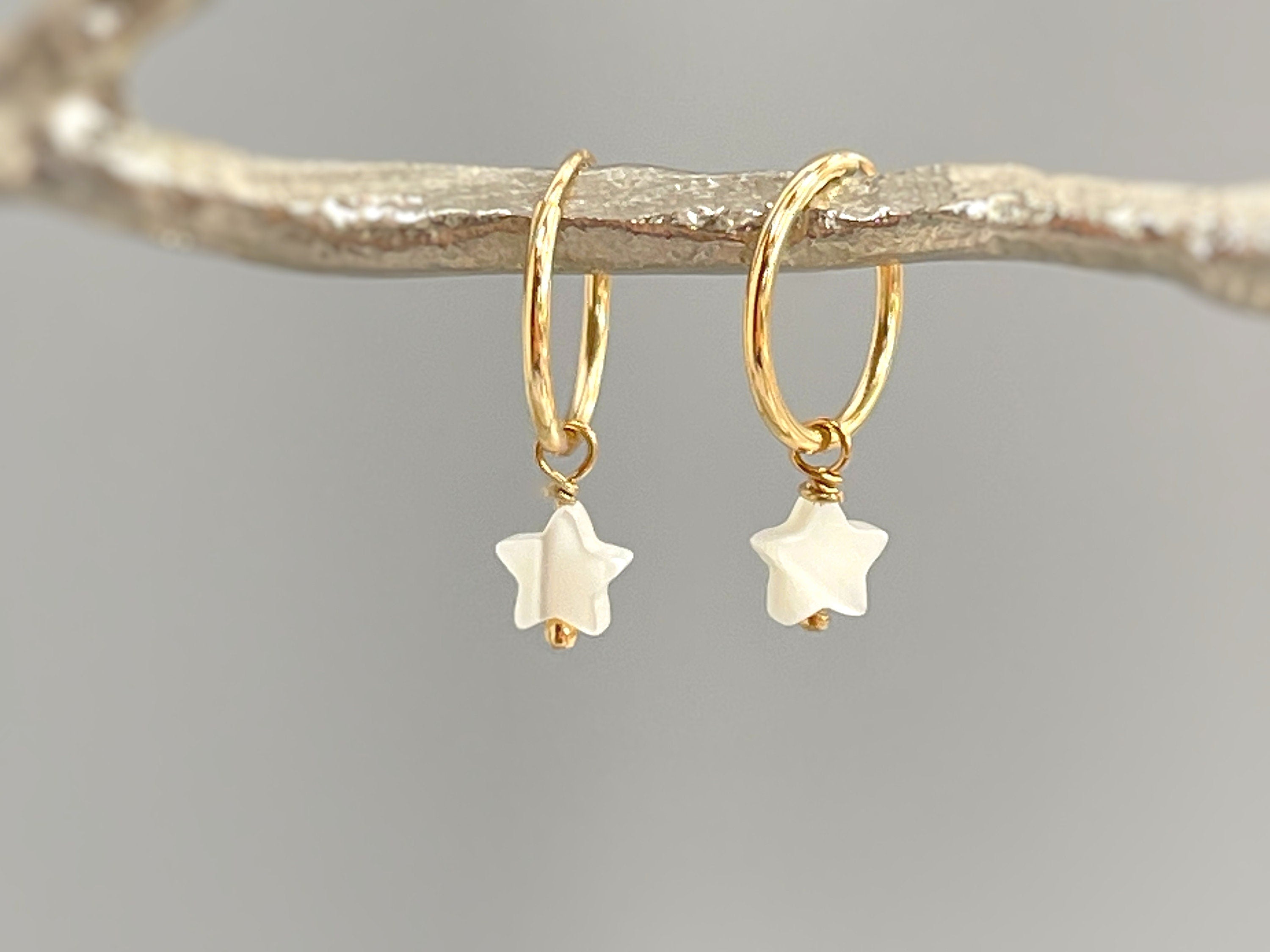 Huggie Hoop Earrings Star Mother of Pearl small hoops 14k Gold, Sterling Silver hoops handmade pearl shell Dangle drop Summer beachy jewelry