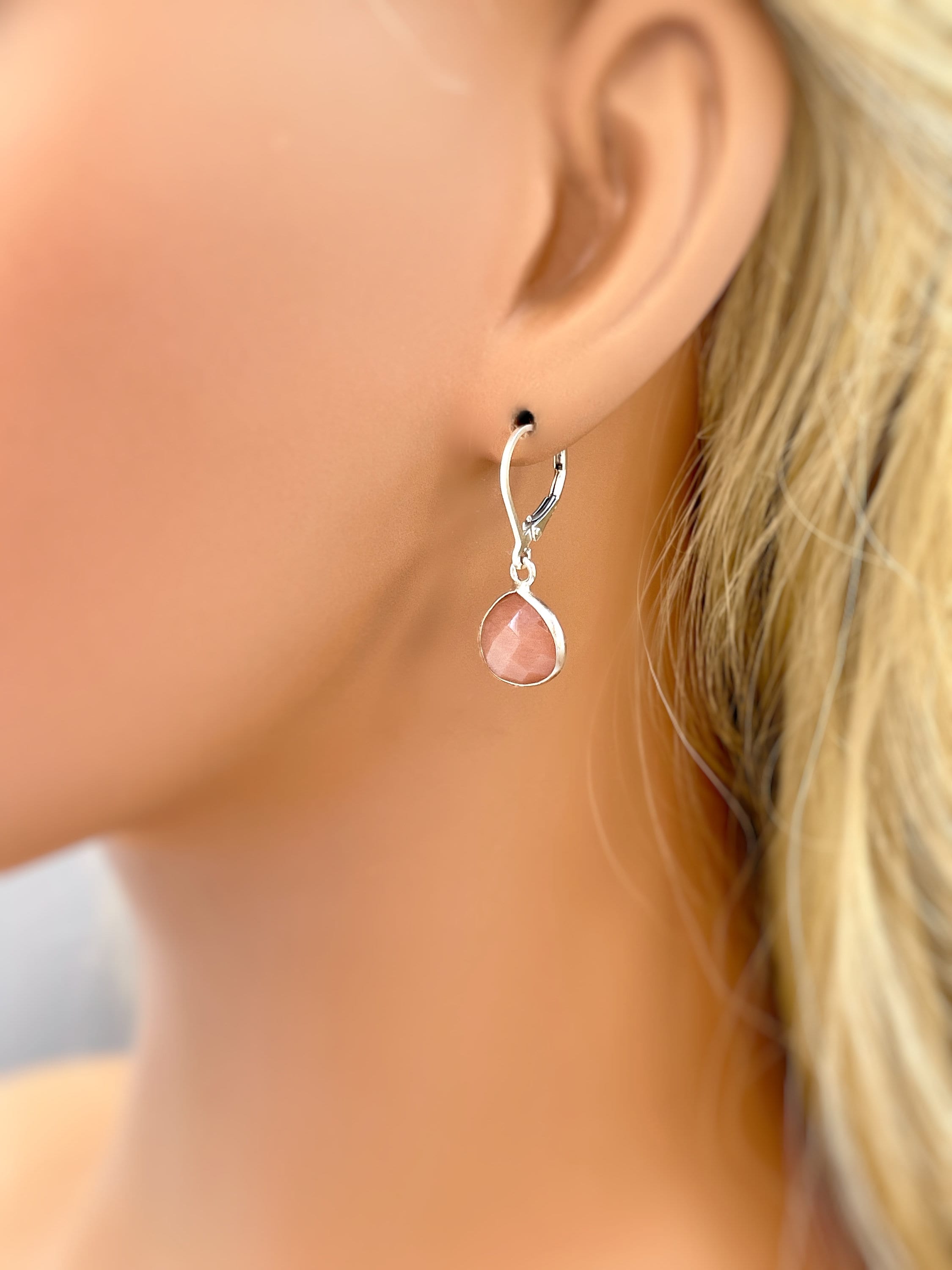 Peach Moonstone Earrings Dangle Sterling Silver Teardrop Leverback Minimalist dangly Drop earrings Handmade Moonstone Jewelry gift for wife