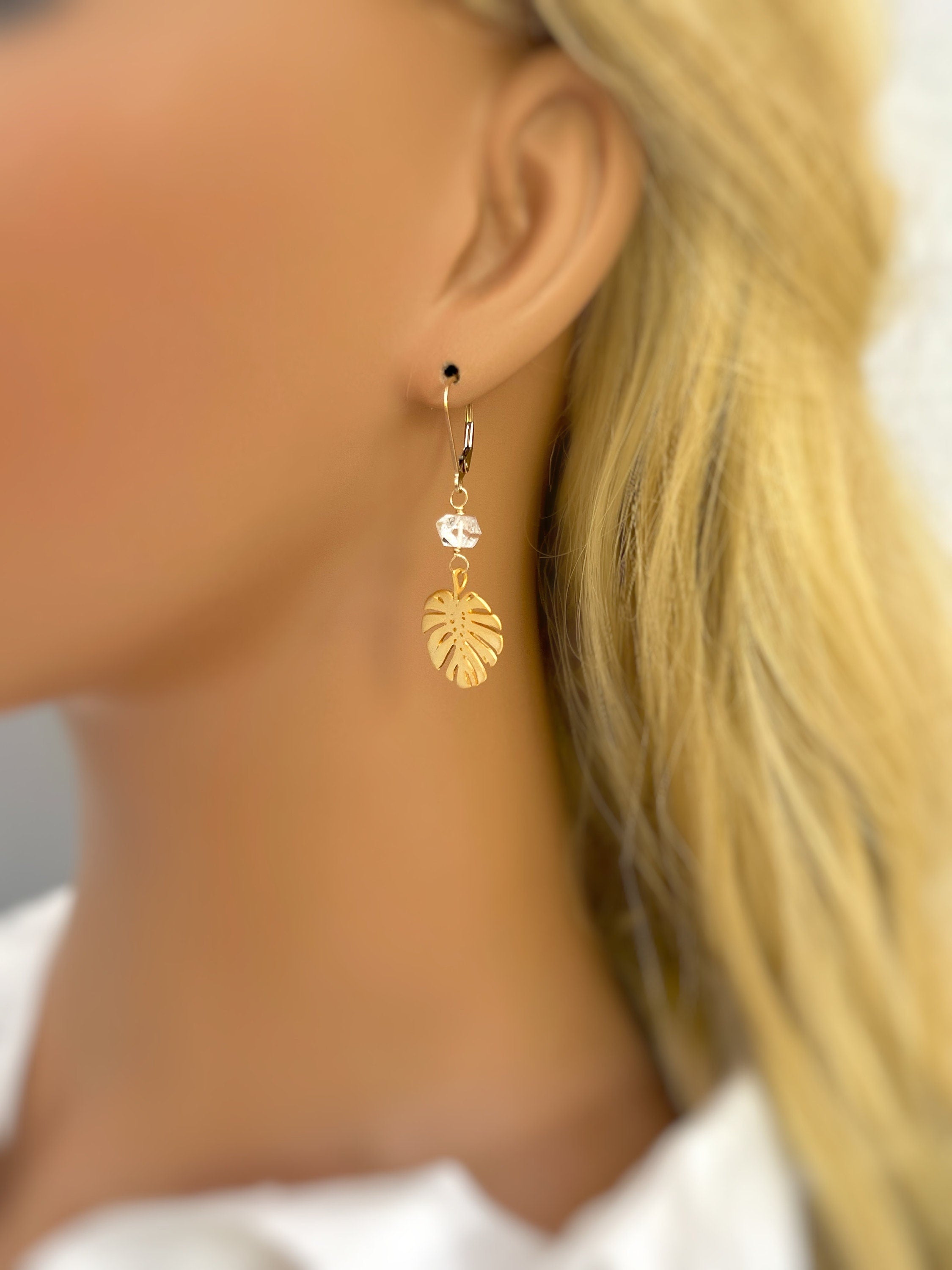 Monstera Leaf Herkimer Diamond earrings dangle, gold leafy dangly drop boho handmade earrings, raw crystal jewelry bridesmaid, gardener gift