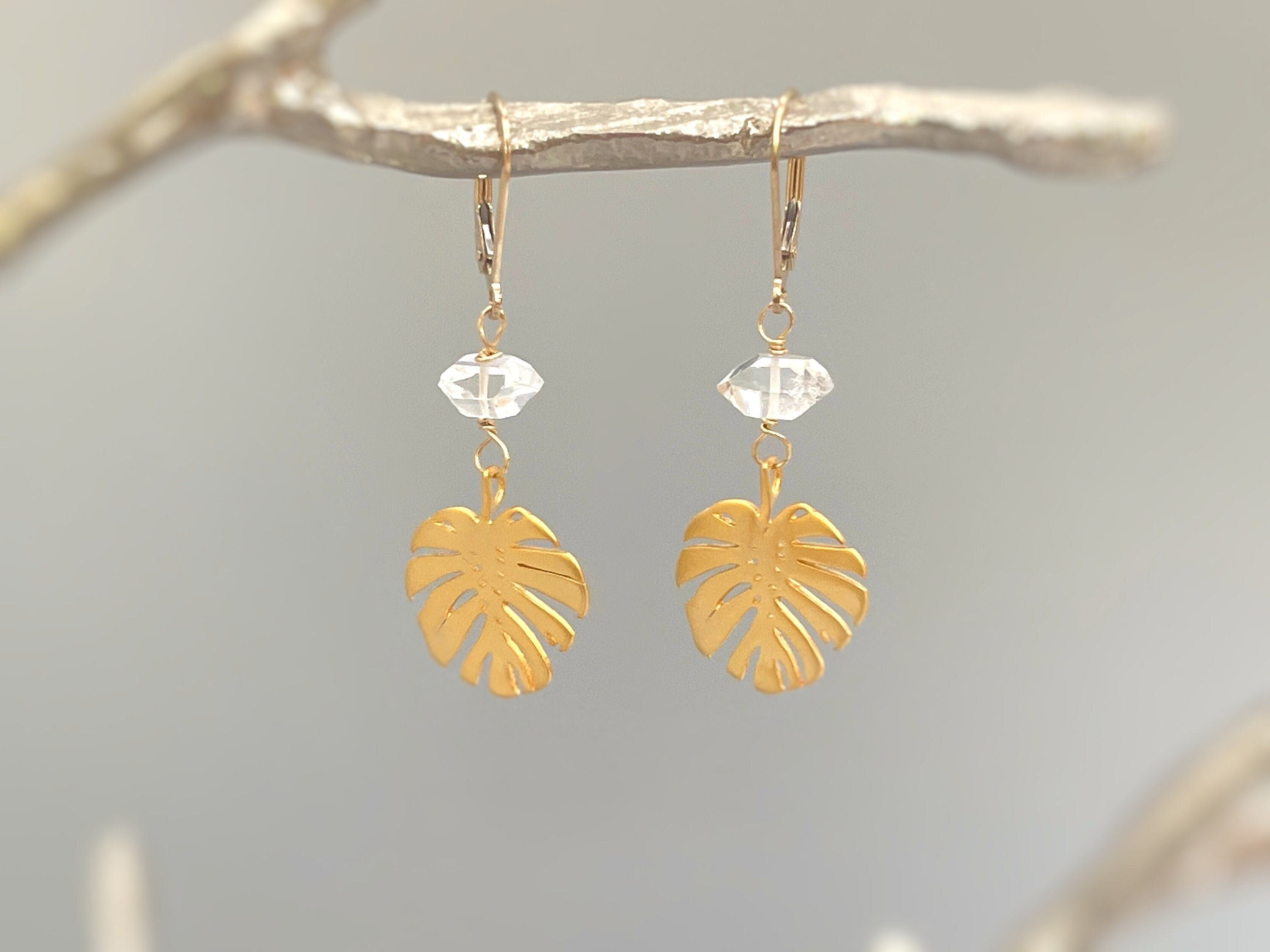 Monstera Leaf Herkimer Diamond earrings dangle, gold leafy dangly drop boho handmade earrings, raw crystal jewelry bridesmaid, gardener gift