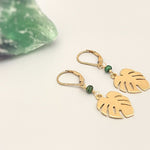 Monstera Leaf Emerald earrings dangle, gold leafy dangly drop boho handmade earrings, emerald jewelry bridesmaid, gardener gift for wife