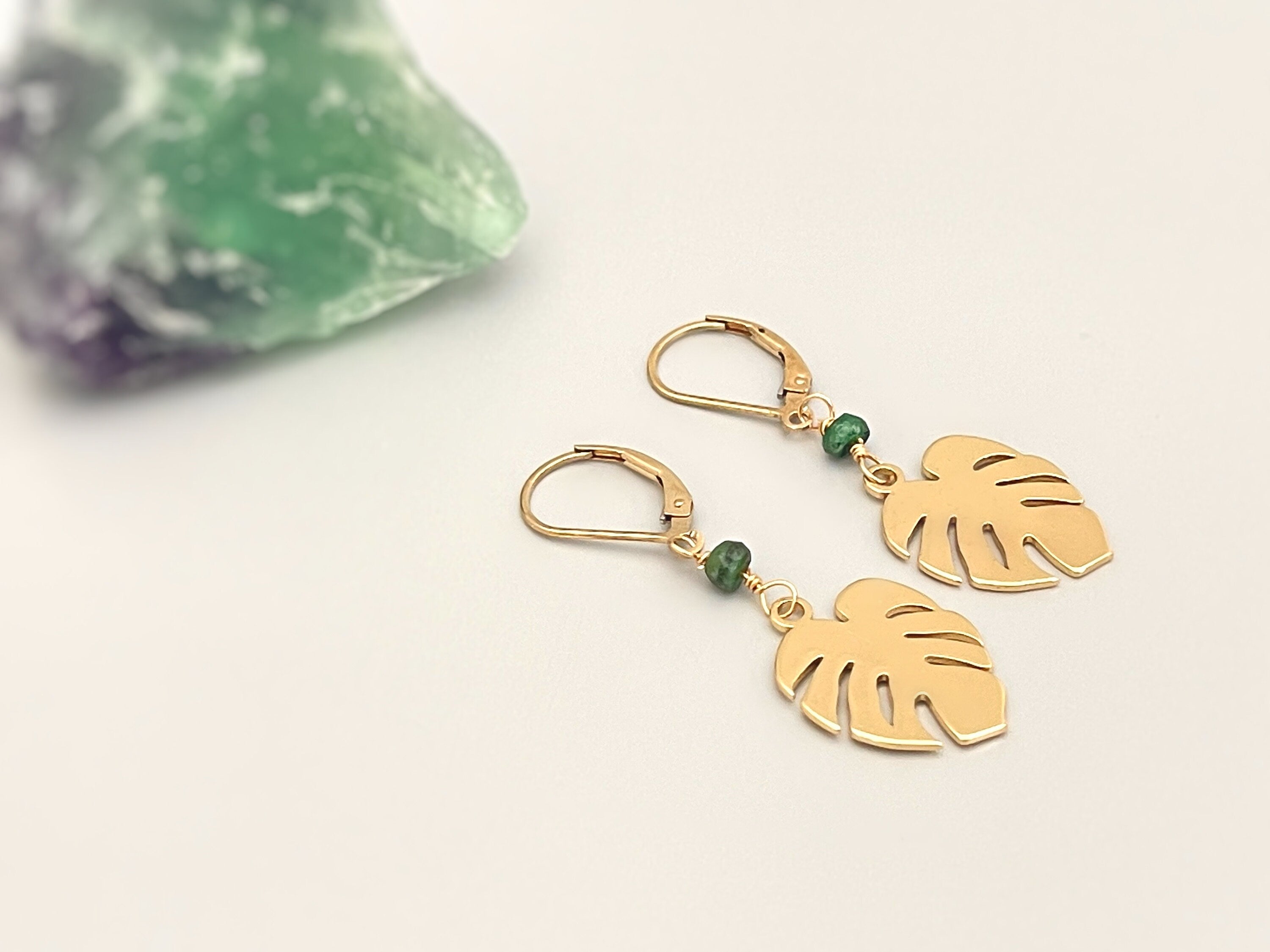 Monstera Leaf Emerald earrings dangle, gold leafy dangly drop boho handmade earrings, emerald jewelry bridesmaid, gardener gift for wife