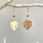 Monstera Leaf Emerald earrings dangle, gold leafy dangly drop boho handmade earrings, emerald jewelry bridesmaid, gardener gift for wife