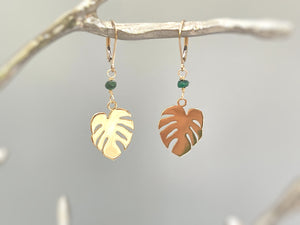 Monstera Leaf Emerald earrings dangle, gold leafy dangly drop boho handmade earrings, emerald jewelry bridesmaid, gardener gift for wife