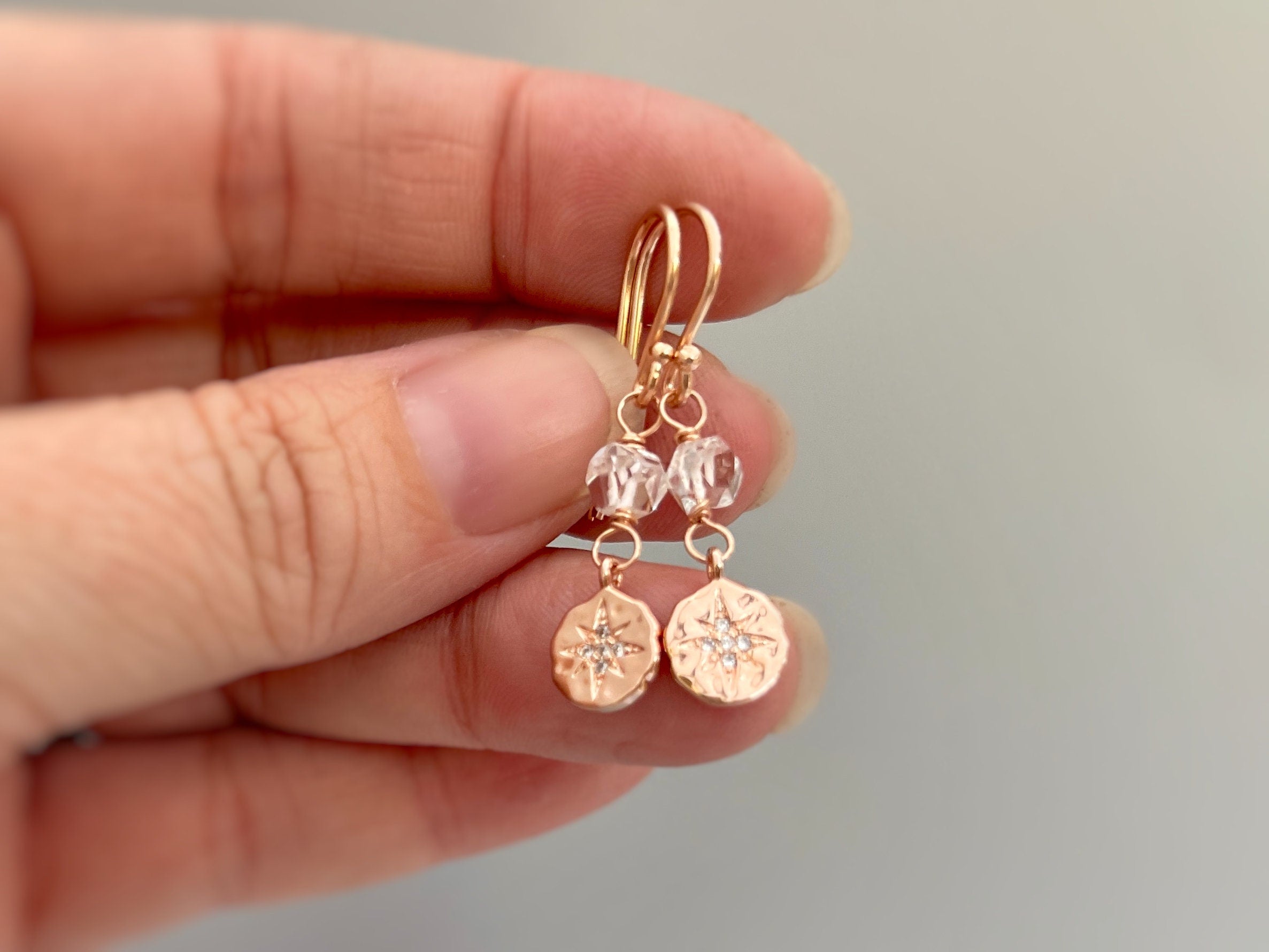 Dainty Herkimer Diamond North Star earrings dangle Rose Gold fill compass rose boho handmade earrings raw crystal jewelry bridesmaid gift