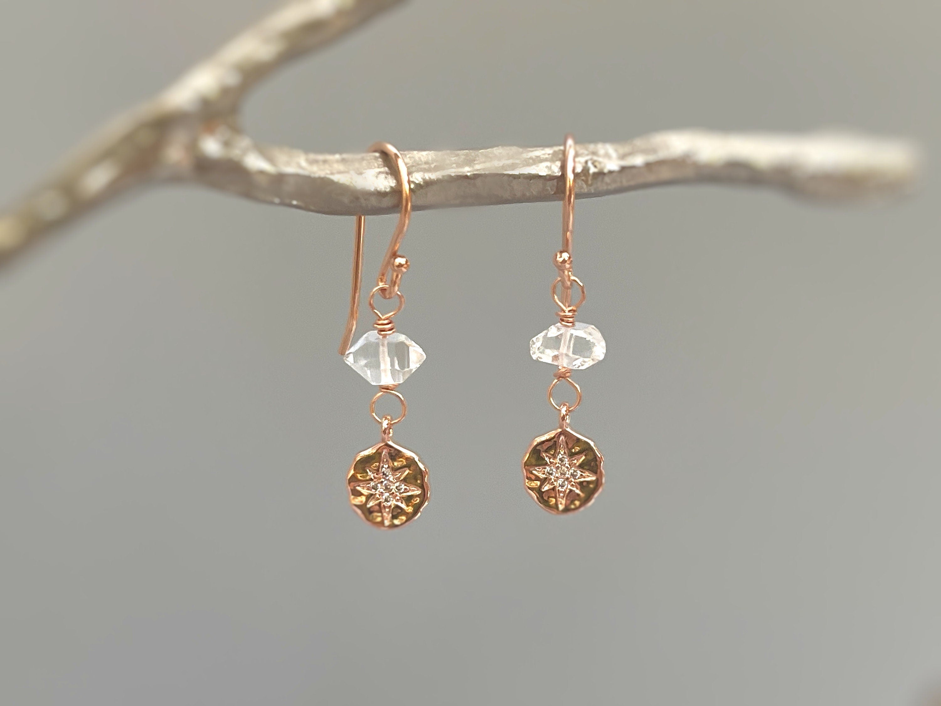 Dainty Herkimer Diamond North Star earrings dangle Rose Gold fill compass rose boho handmade earrings raw crystal jewelry bridesmaid gift