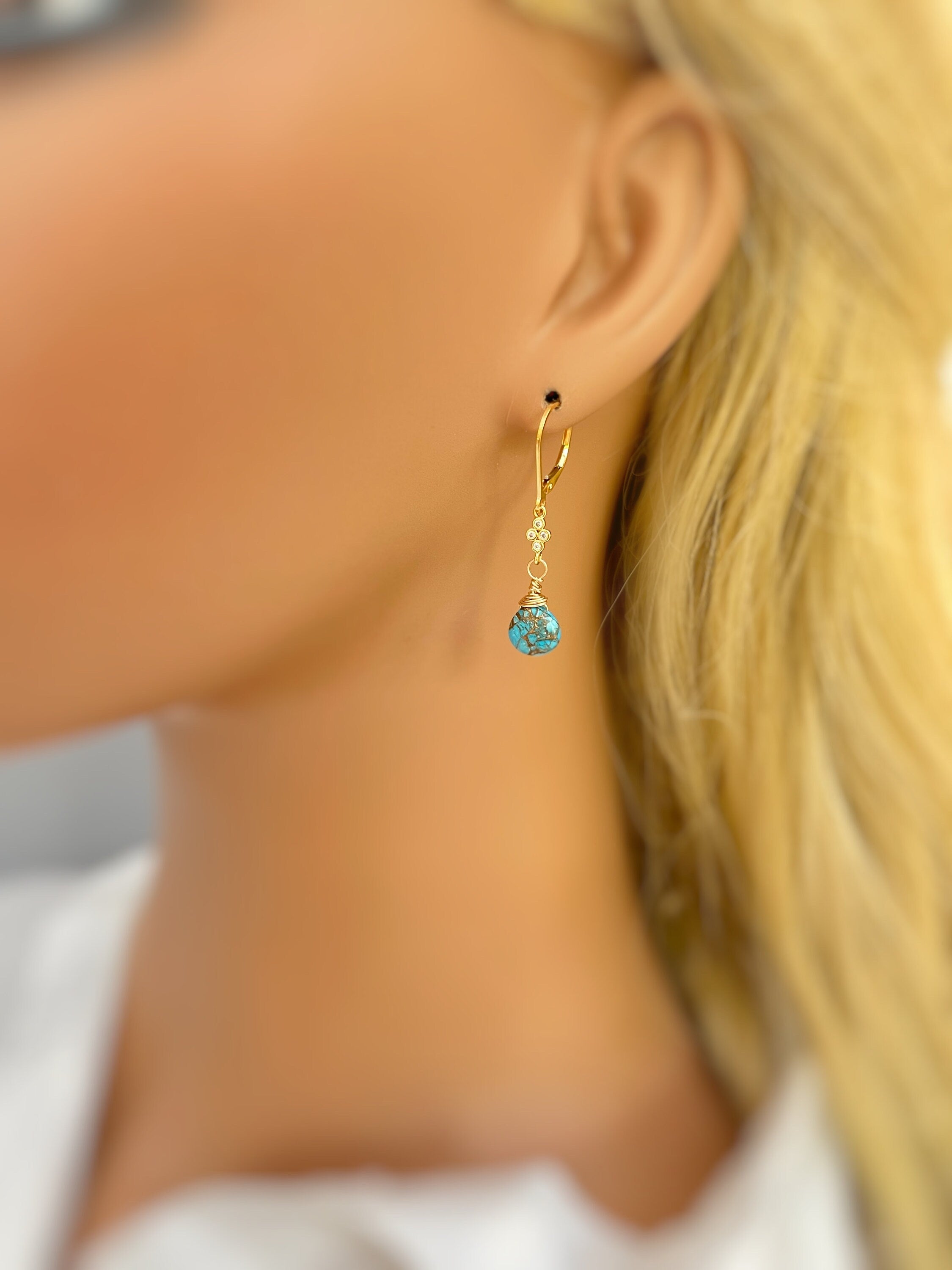 Dainty Copper Turquoise Earrings dangle Gold, Crystal , Silver leverback dangly earrings