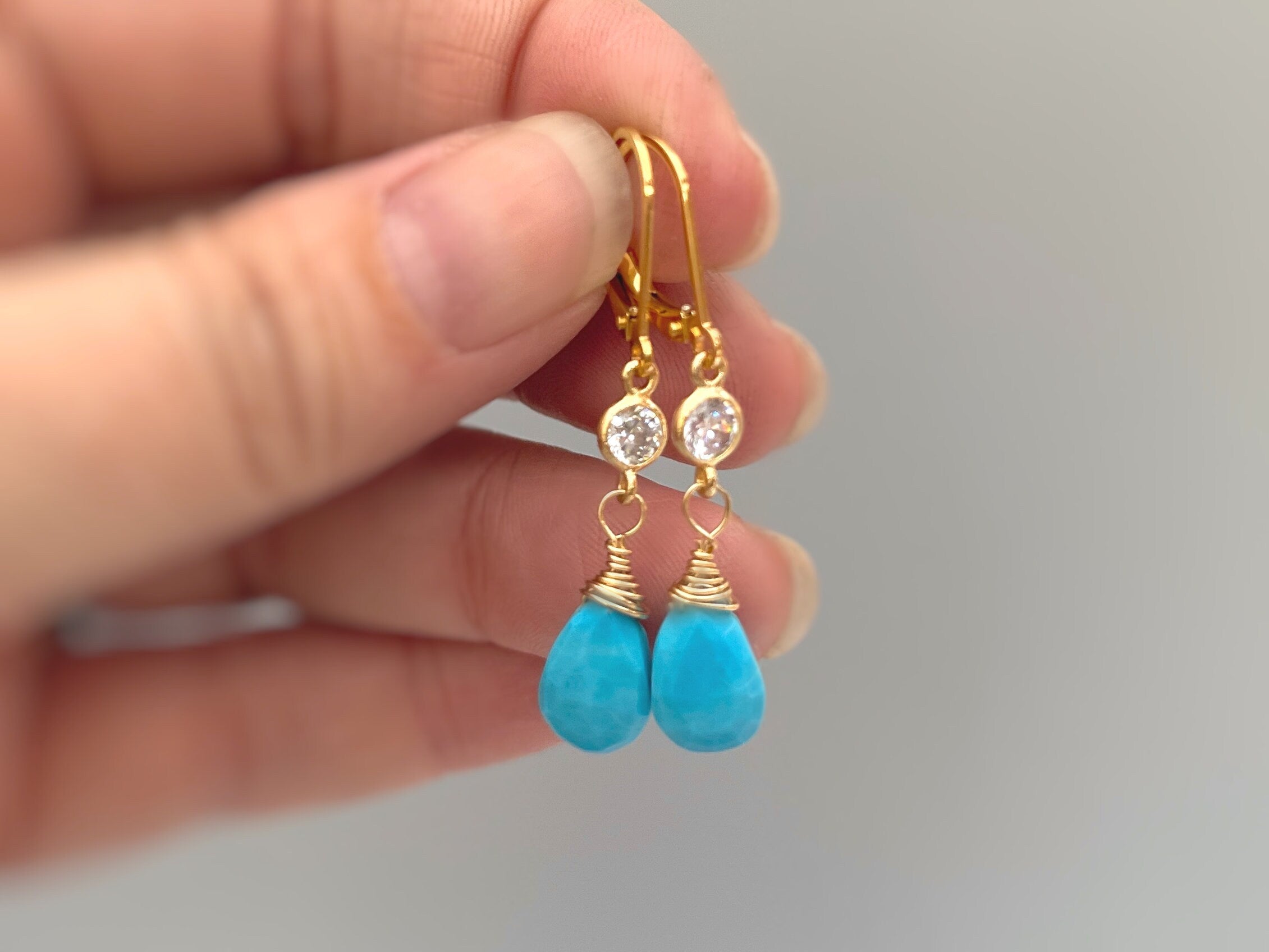 Crystal and Turquoise earrings dangle, Gold, Silver