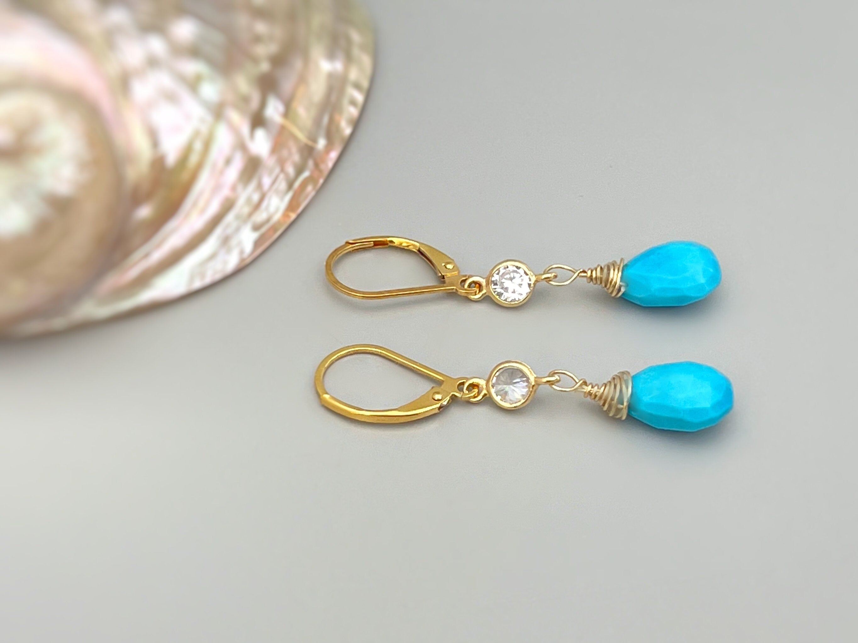 Crystal and Turquoise earrings dangle, Gold, Silver