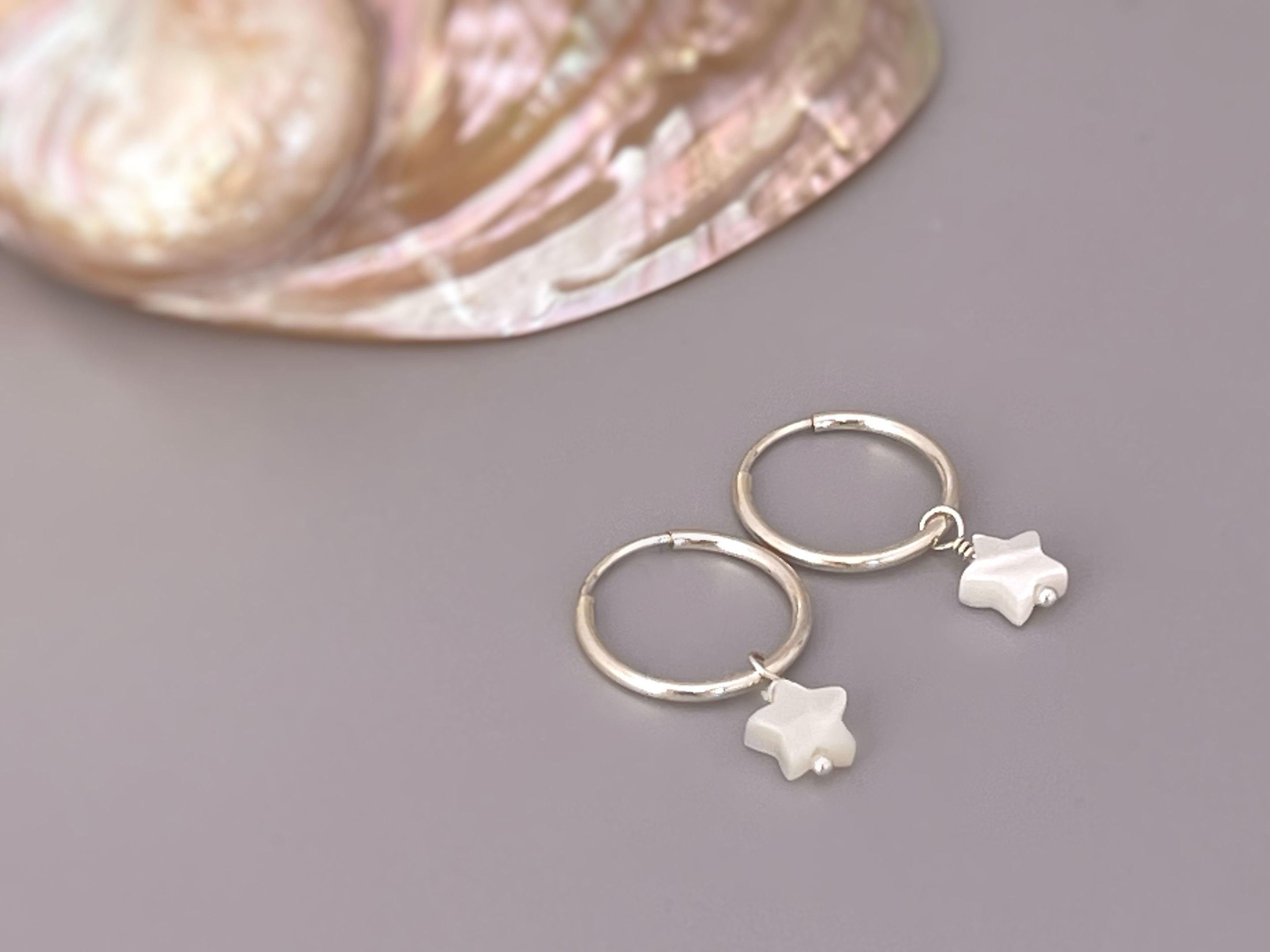 Huggie Hoop Earrings Star Mother of Pearl small hoops 14k Gold, Sterling Silver hoops handmade pearl shell Dangle drop Summer beachy jewelry