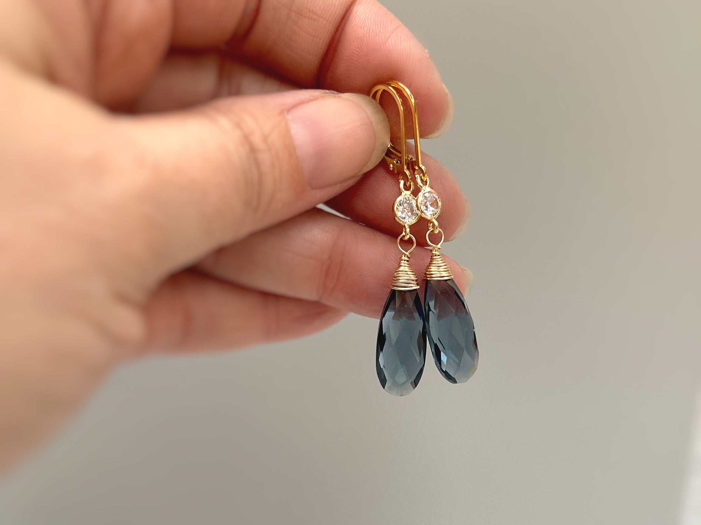 Crystal London Blue Topaz Quartz earrings dangle, drop gold