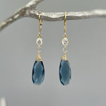Crystal London Blue Topaz Quartz earrings dangle, drop gold