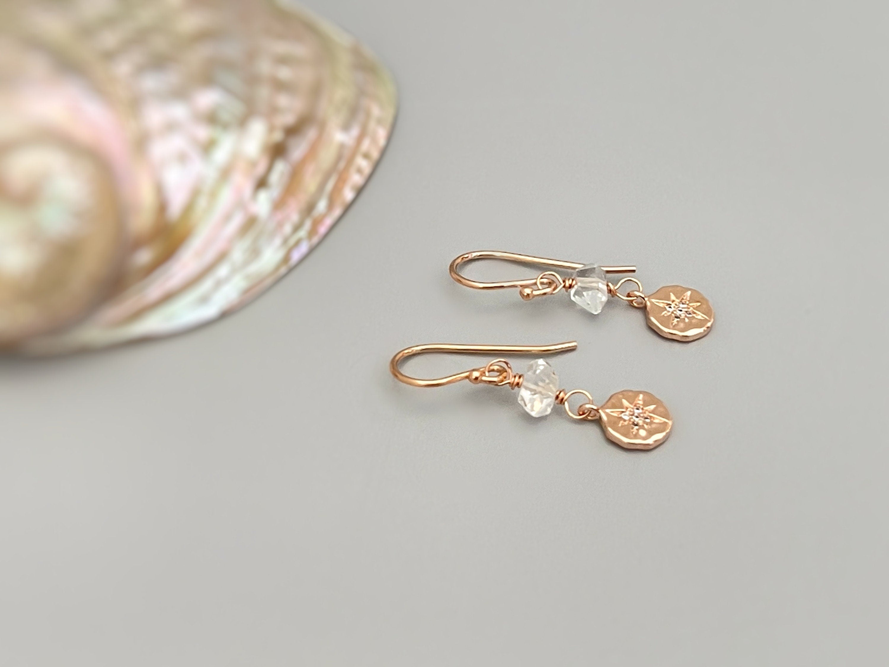 Dainty Herkimer Diamond North Star earrings dangle Rose Gold fill compass rose boho handmade earrings raw crystal jewelry bridesmaid gift