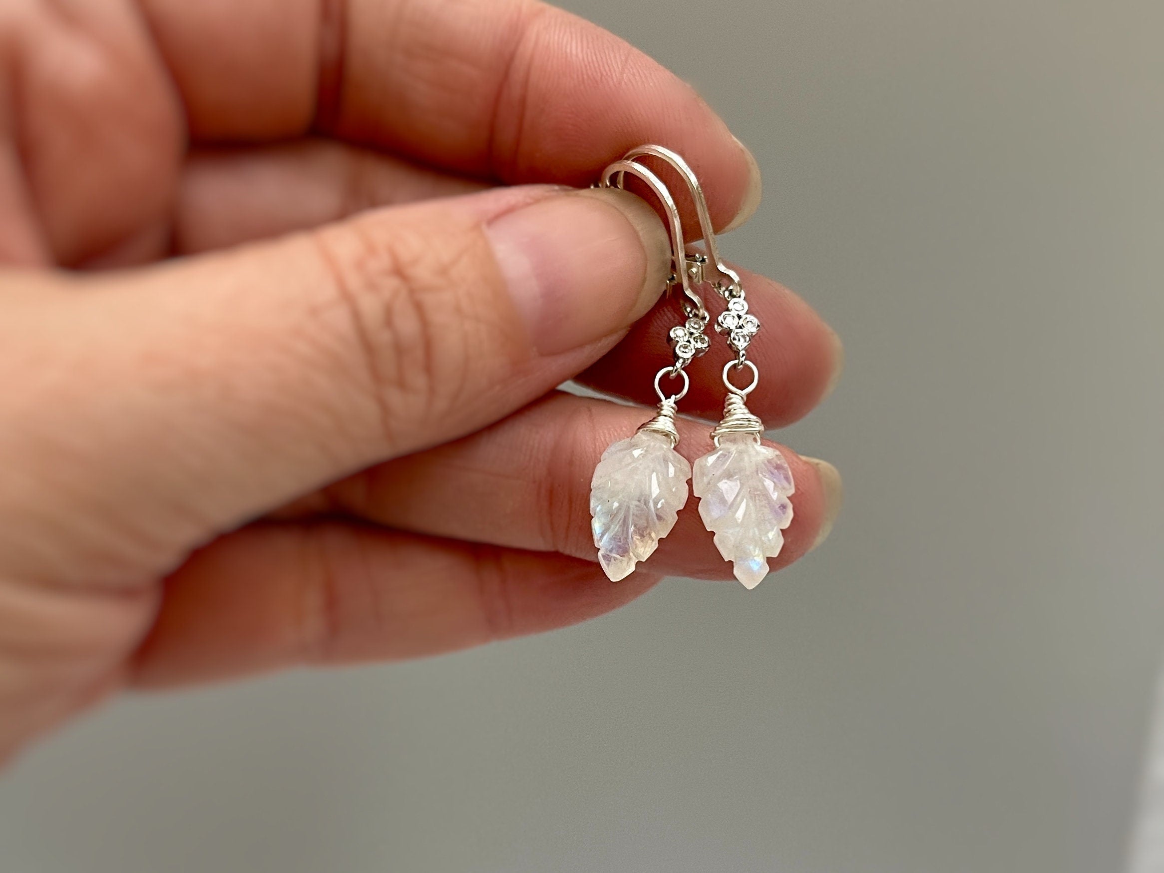Crystal Leaf Moonstone earrings dangle, Sterling Silver, 14k Gold