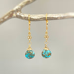 Dainty Copper Turquoise Earrings dangle Gold, Crystal , Silver leverback dangly earrings