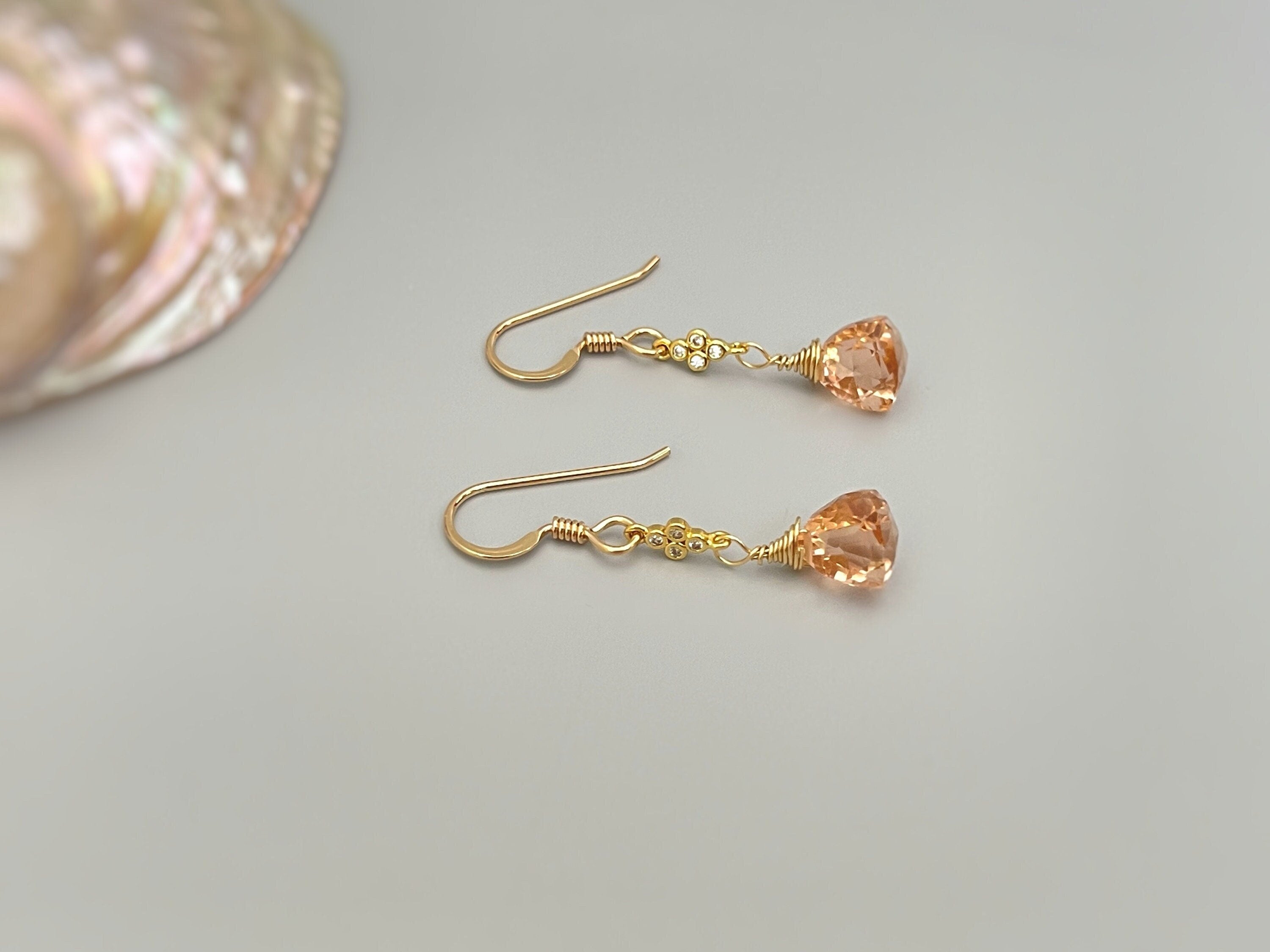 Morganite Earrings dangle gold pink, peach, champagne quartz