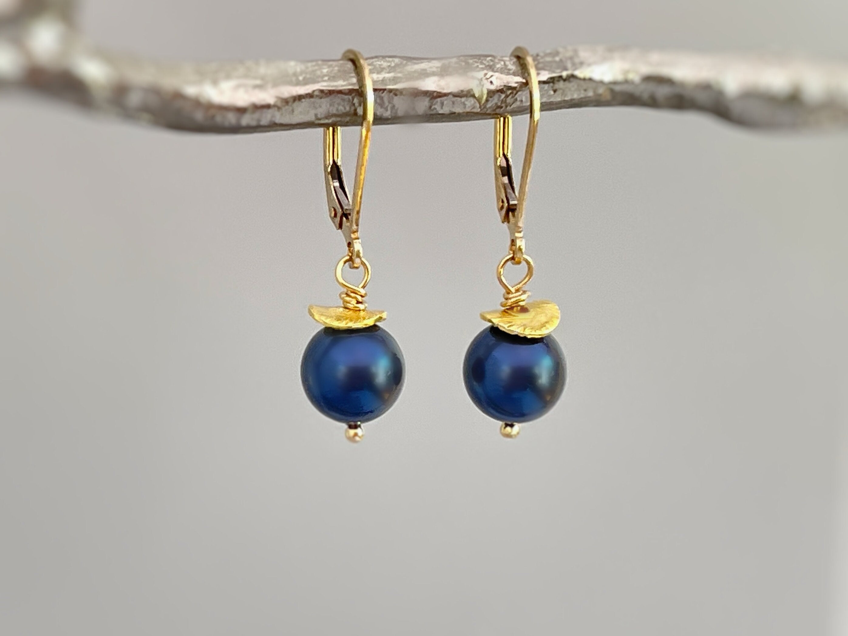 Blue Pearl Earrings dangle 14k Gold, Sterling Silver minimalist modern pearl jewelry