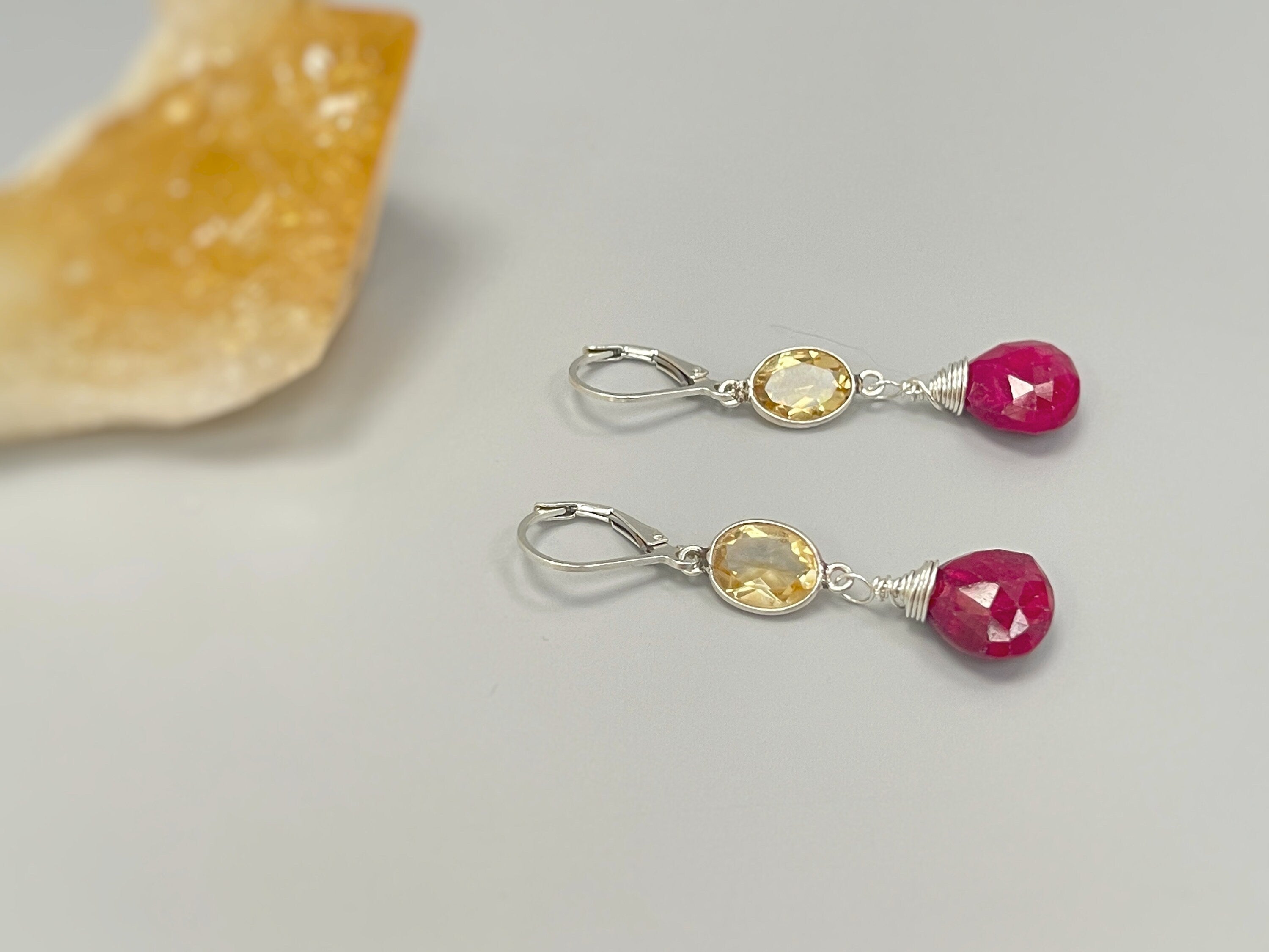 Ruby and Citrine earrings dangle, Sterling Silver