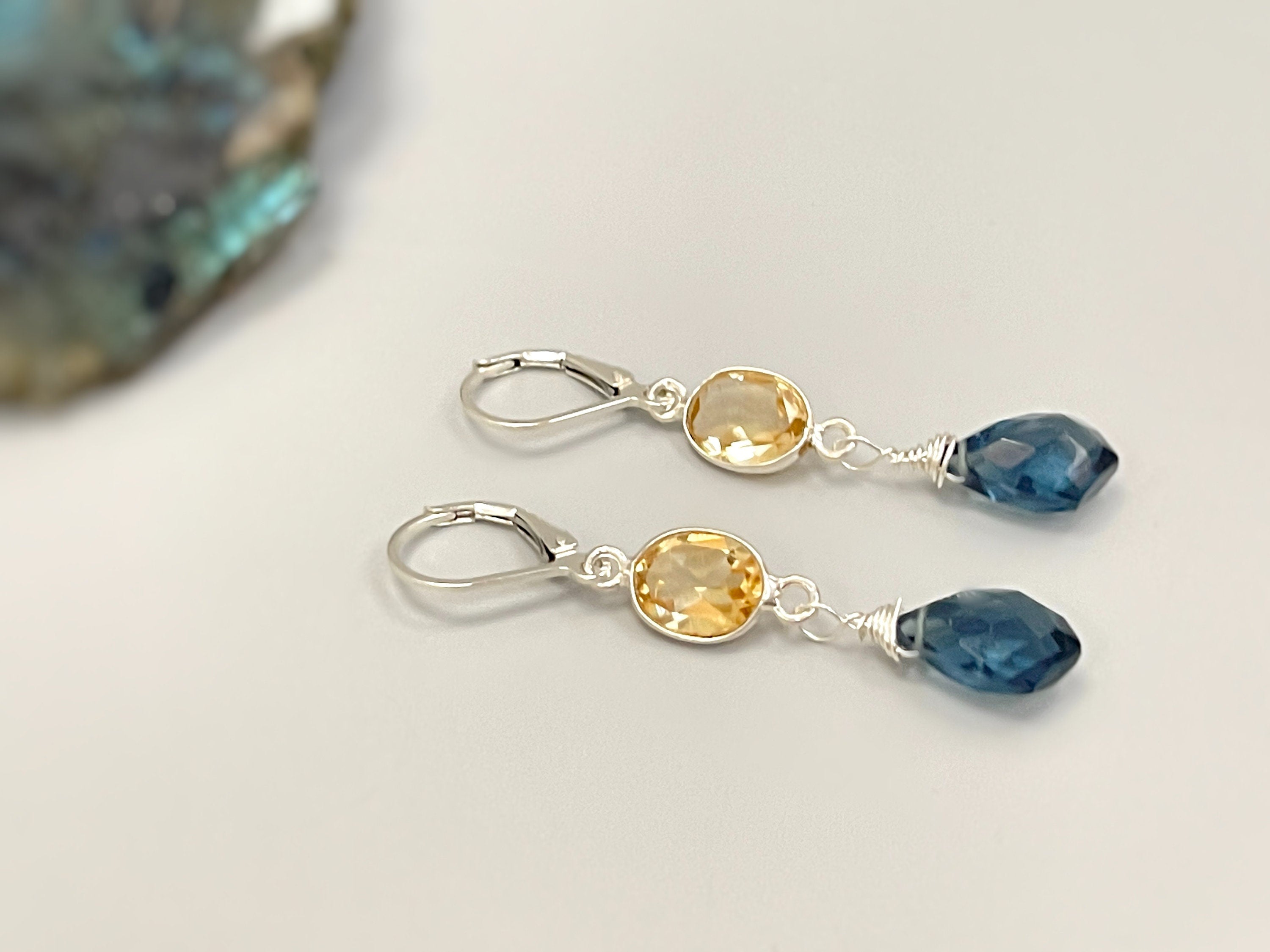 Citrine London Blue Topaz earrings dangle, Sterling Silver