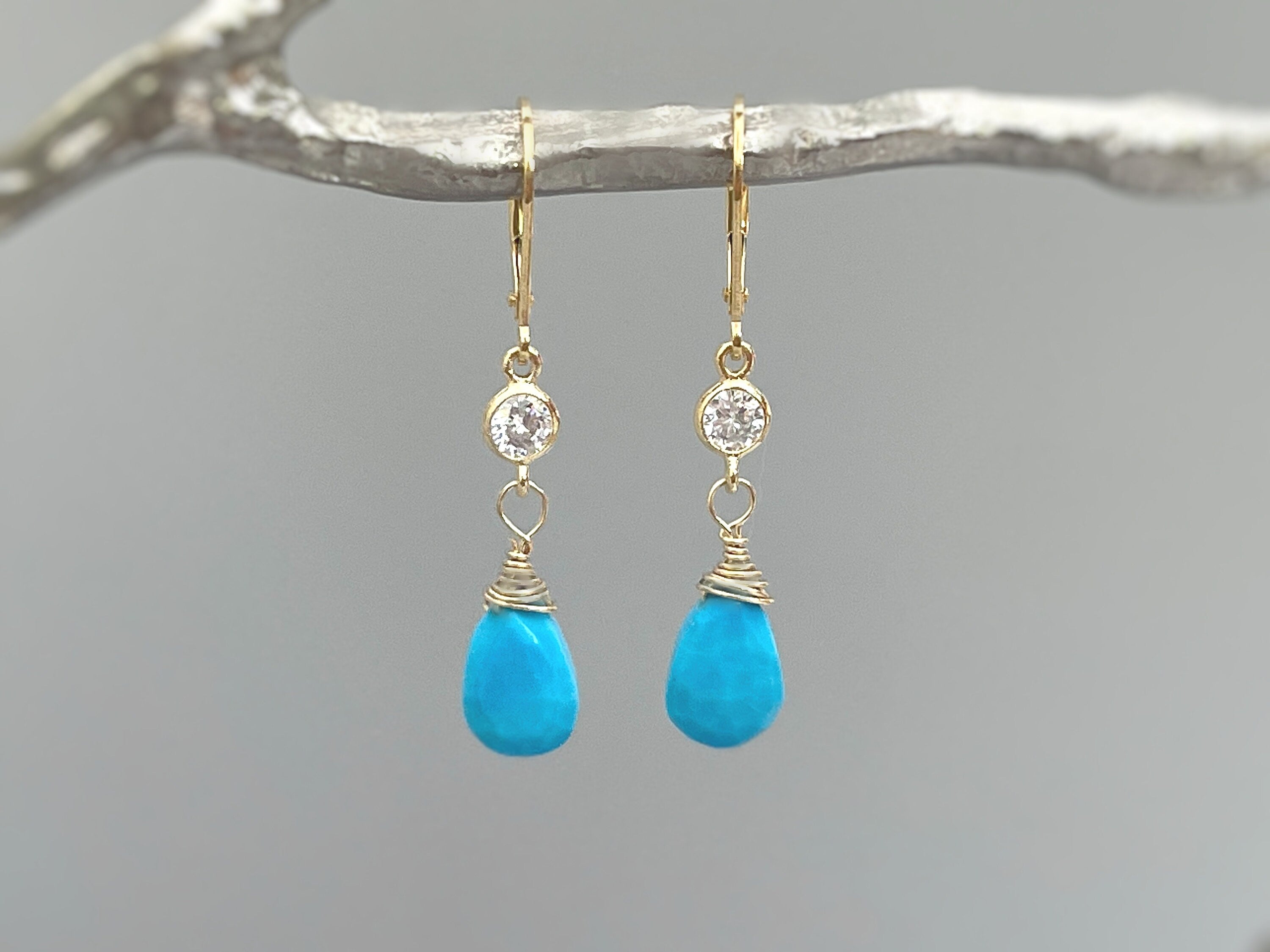 Crystal and Turquoise earrings dangle, Gold, Silver